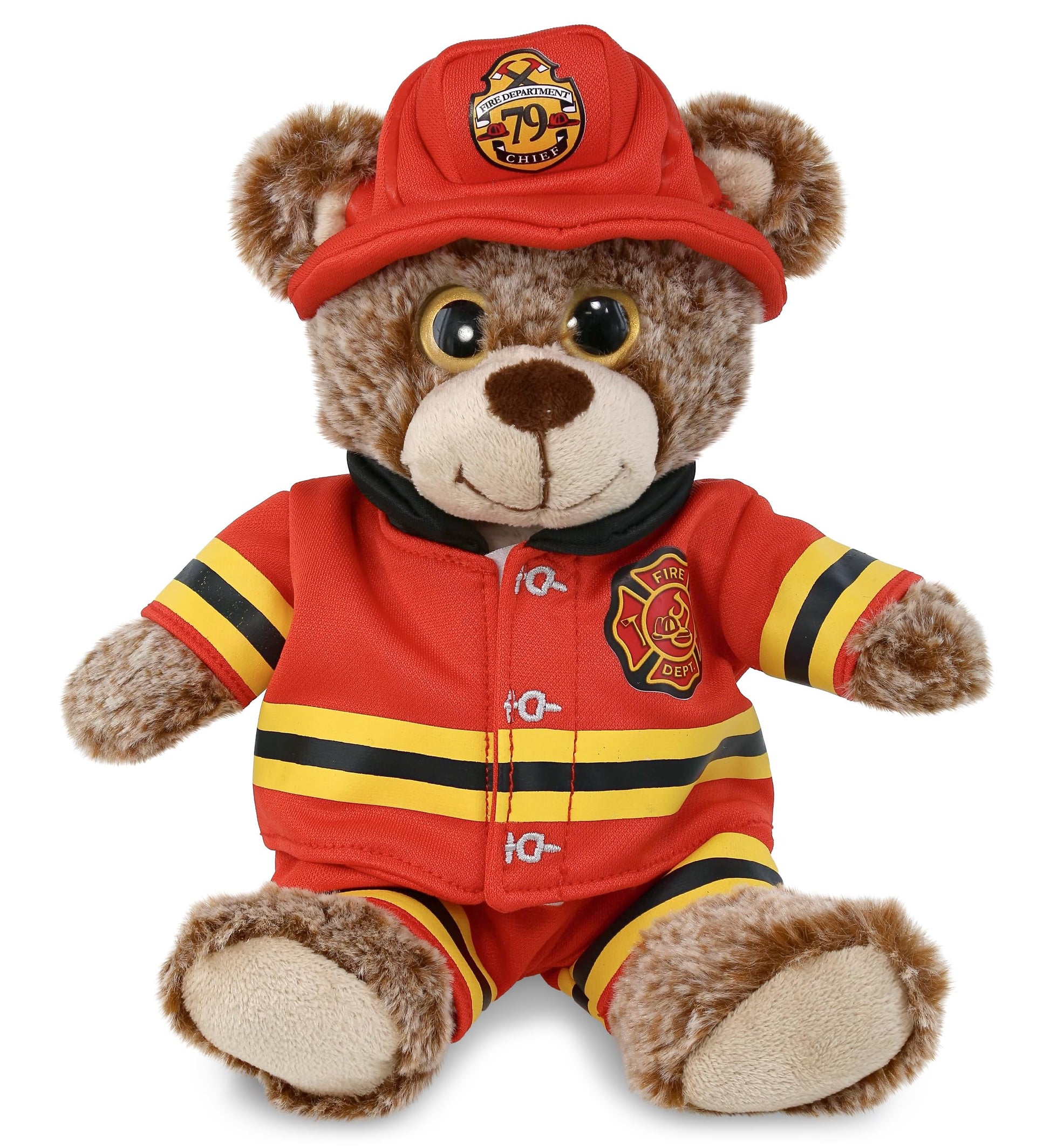DolliBu Sitting Brown Bear Firefighter Stuffed Animal with Name Personalization - Super Soft Bear with Red Fireman Costume Outfit and Fireman Hat