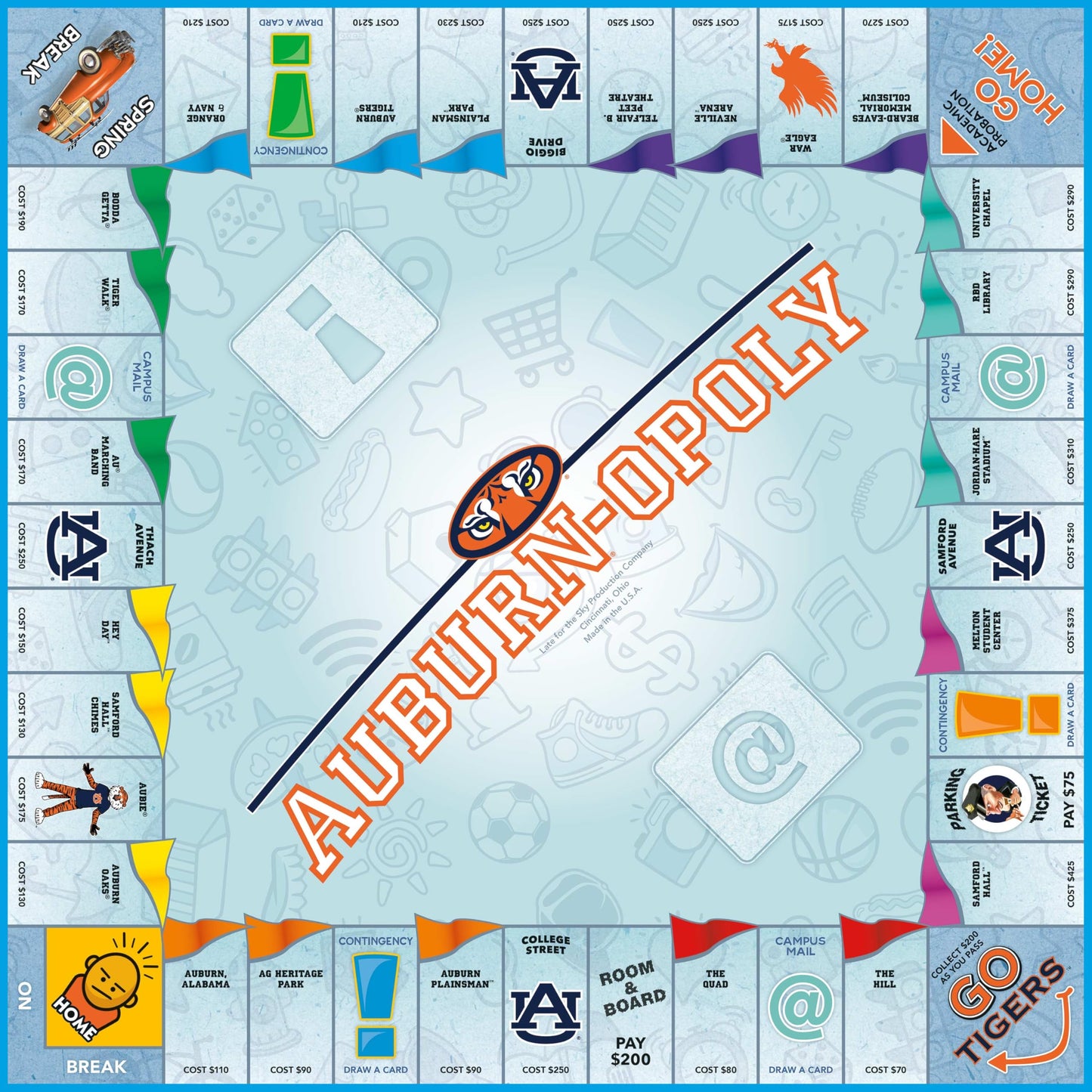 Late for The Sky NCAA Auburn-Opoly Board Game - College Campus Edition, Family Strategy Party Game for 2-6 Players, Ages 8+, Alumni Gift with Tokens