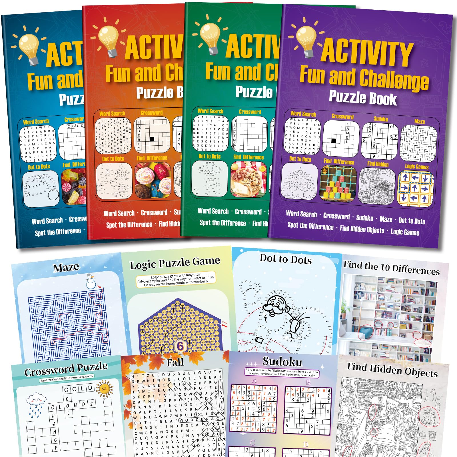 Elfew 4 Pack Activity Book for Adults, 150+ Brain Games, Puzzles Books for Adults, Teens and Seniors, Activities for Adults, Memory Games Includes