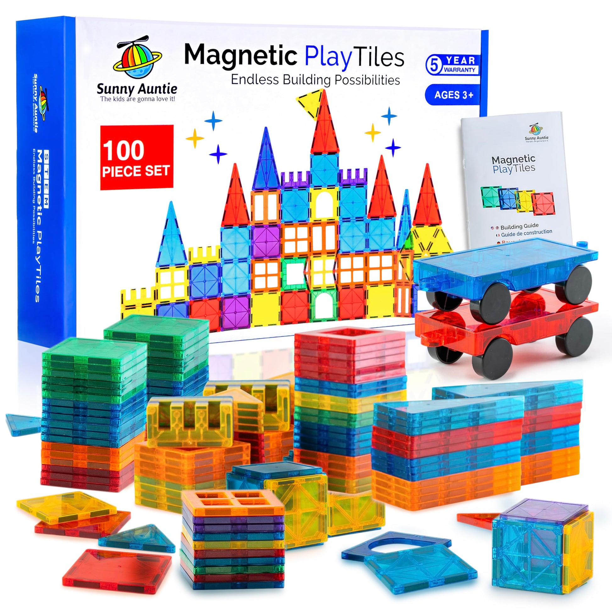 SUNNY AUNTIE Magnetic Tiles 100 PCS with 2 Cars - Magnetic Building Tiles STEM Toy for Kids Ages 3-8, Magnet Construction Set for Boys & Girls
