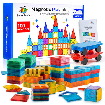 SUNNY AUNTIE Magnetic Tiles 100 PCS with 2 Cars - Magnetic Building Tiles STEM Toy for Kids Ages 3-8, Magnet Construction Set for Boys & Girls