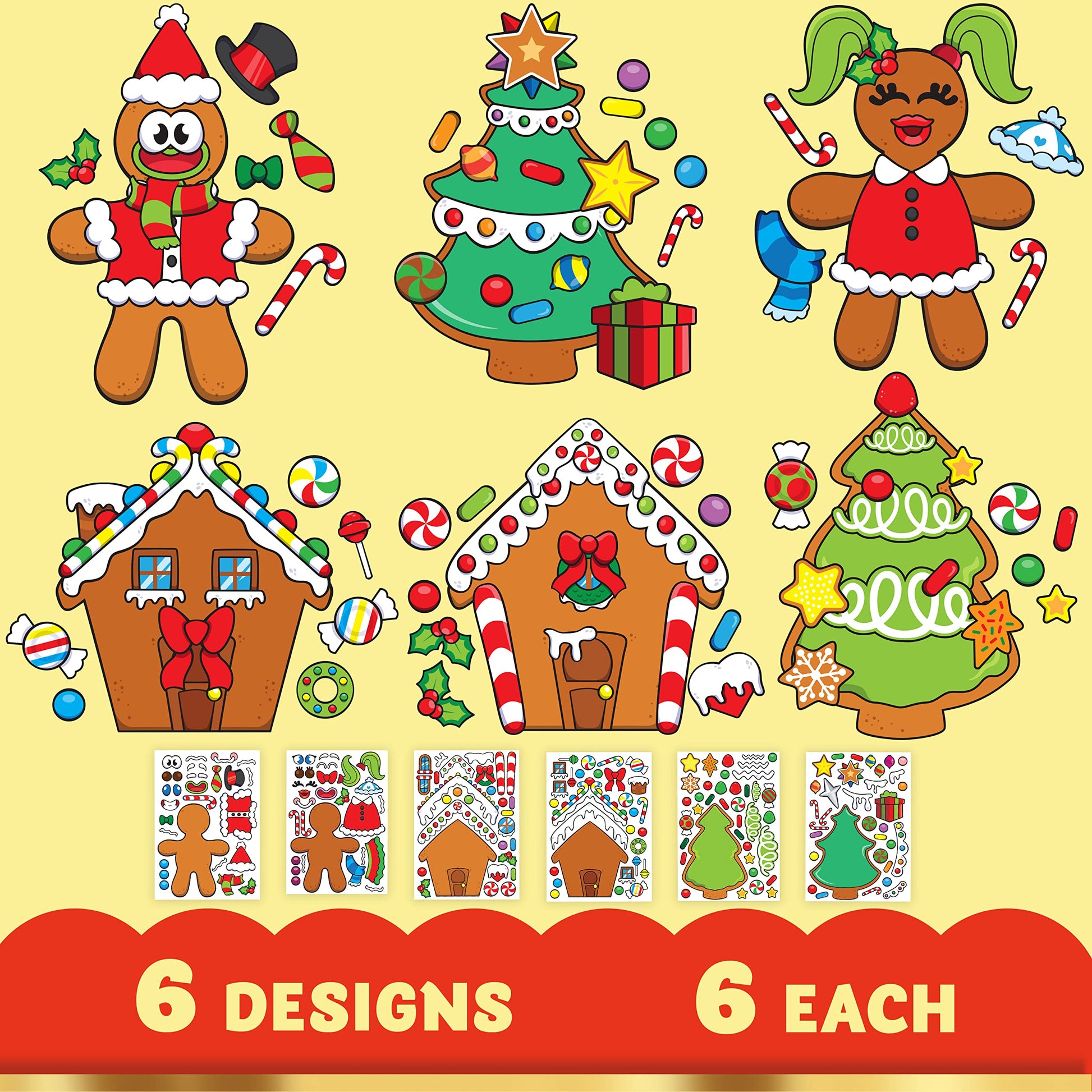 JOYIN 36 Pcs Christmas Make-a-face Sticker Sheets Make Your Own Xmas Cute Stickers with Gingerbread and Tree Sticker Series Design for Kids Party
