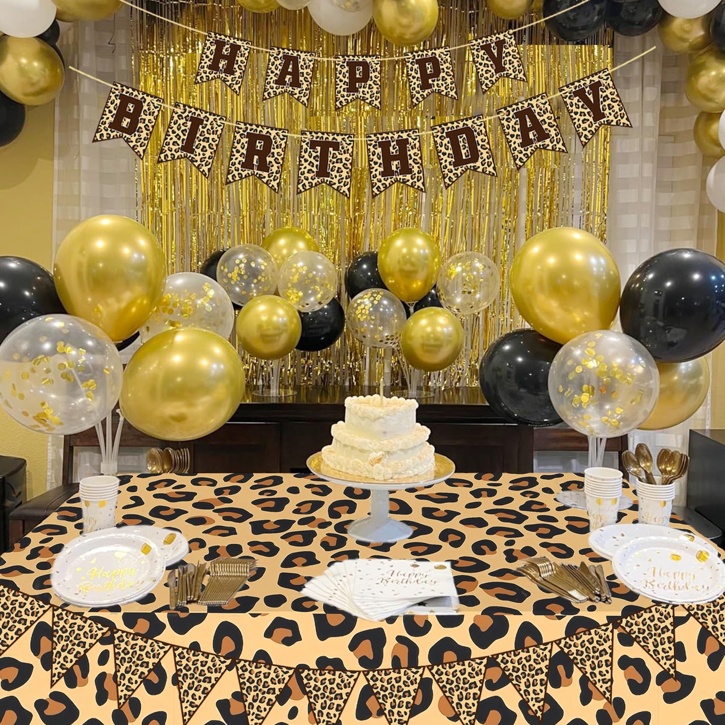 Leopard Party Decorations Cheetah Happy Birthday Banner Cheetah Theme Balloons Leopard Print Tablecloth for Safari Wild Birthday Party Supplies (Gold