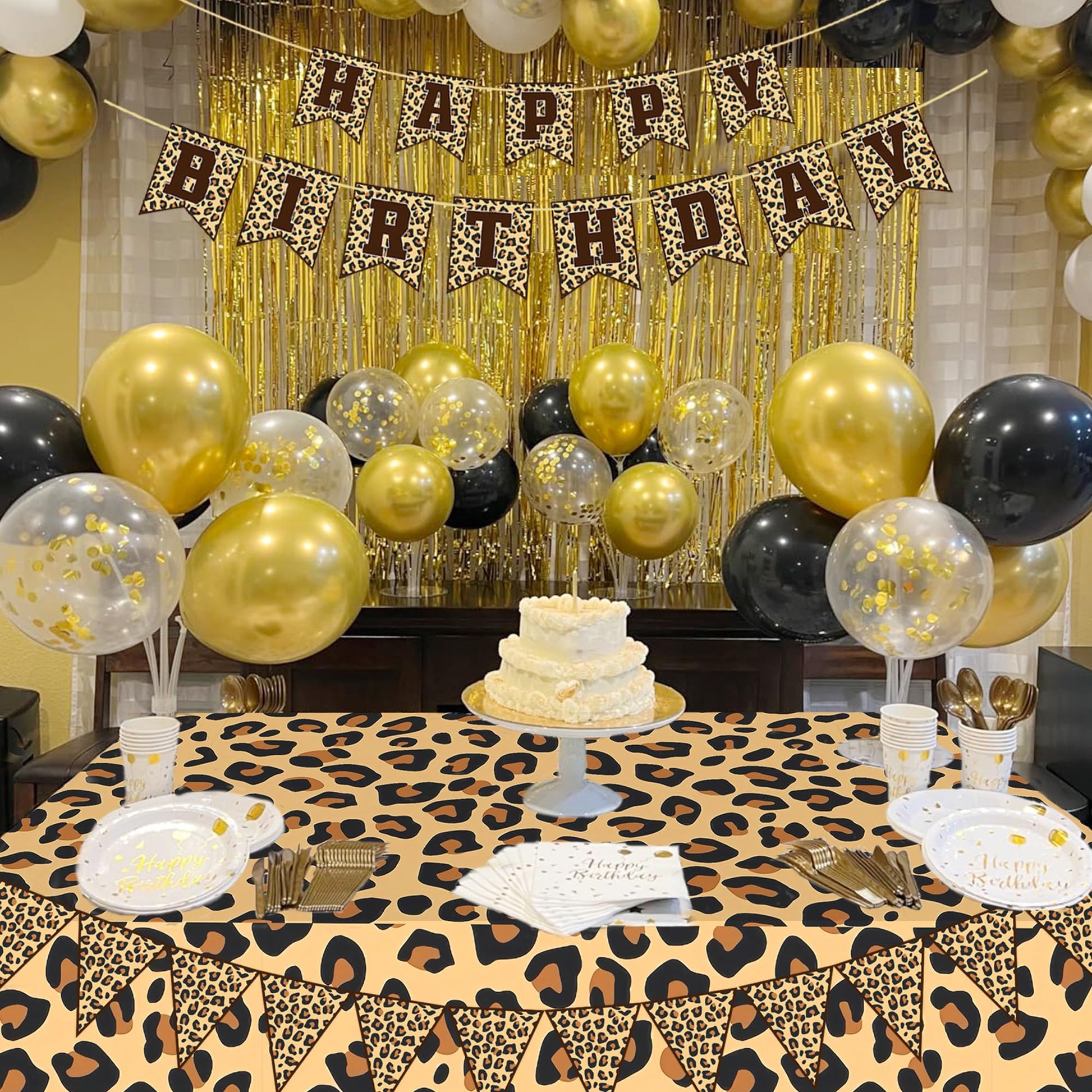 Leopard Party Decorations Cheetah Happy Birthday Banner Cheetah Theme Balloons Leopard Print Tablecloth for Safari Wild Birthday Party Supplies (Gold