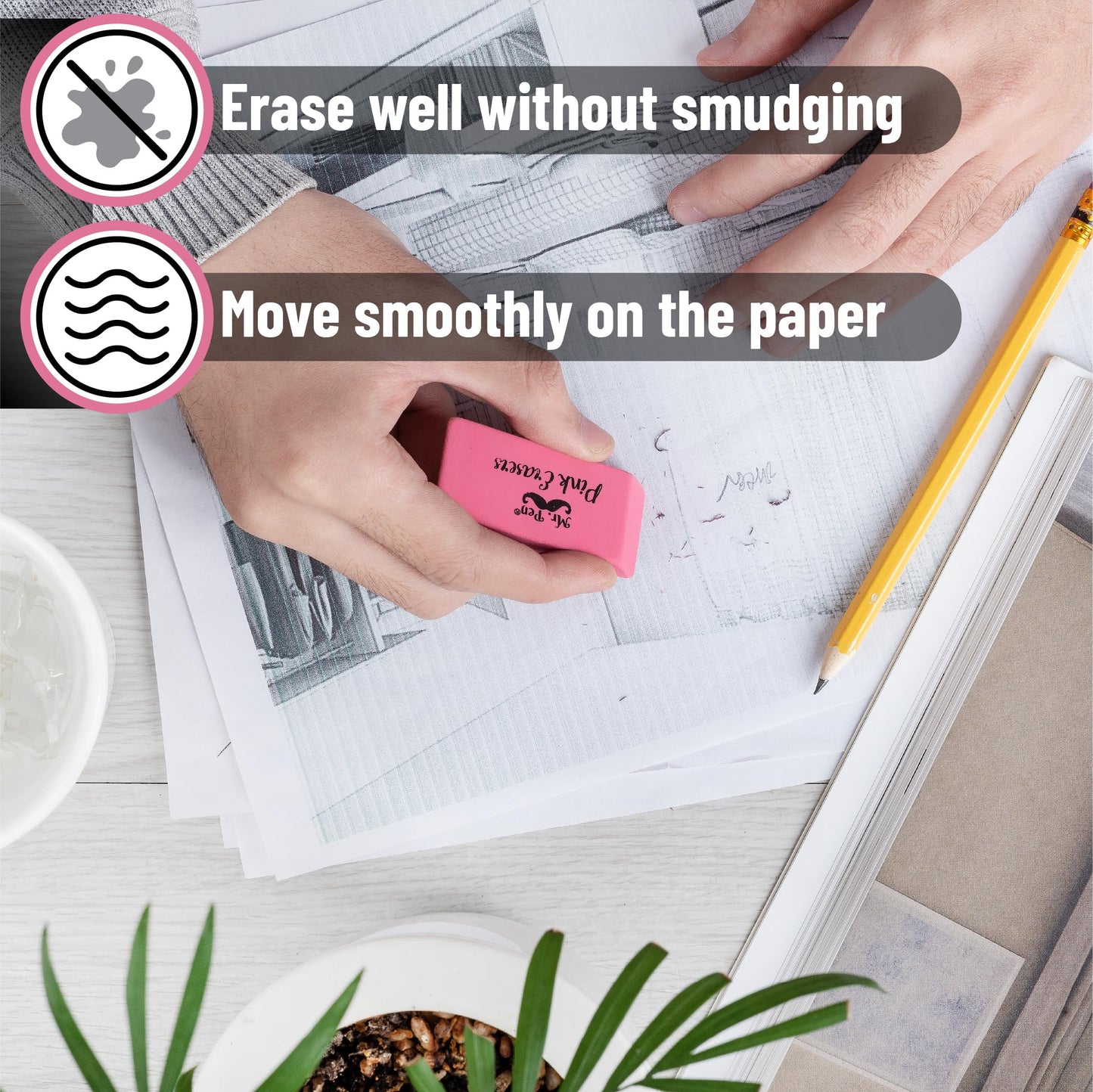 Mr. Pen- Pink Pencil Eraser, 100 Pack, Large Latex Free Block Erasers for School, Office, Art Sketching, Homework, Exams, Clean Smudge-Free Correction