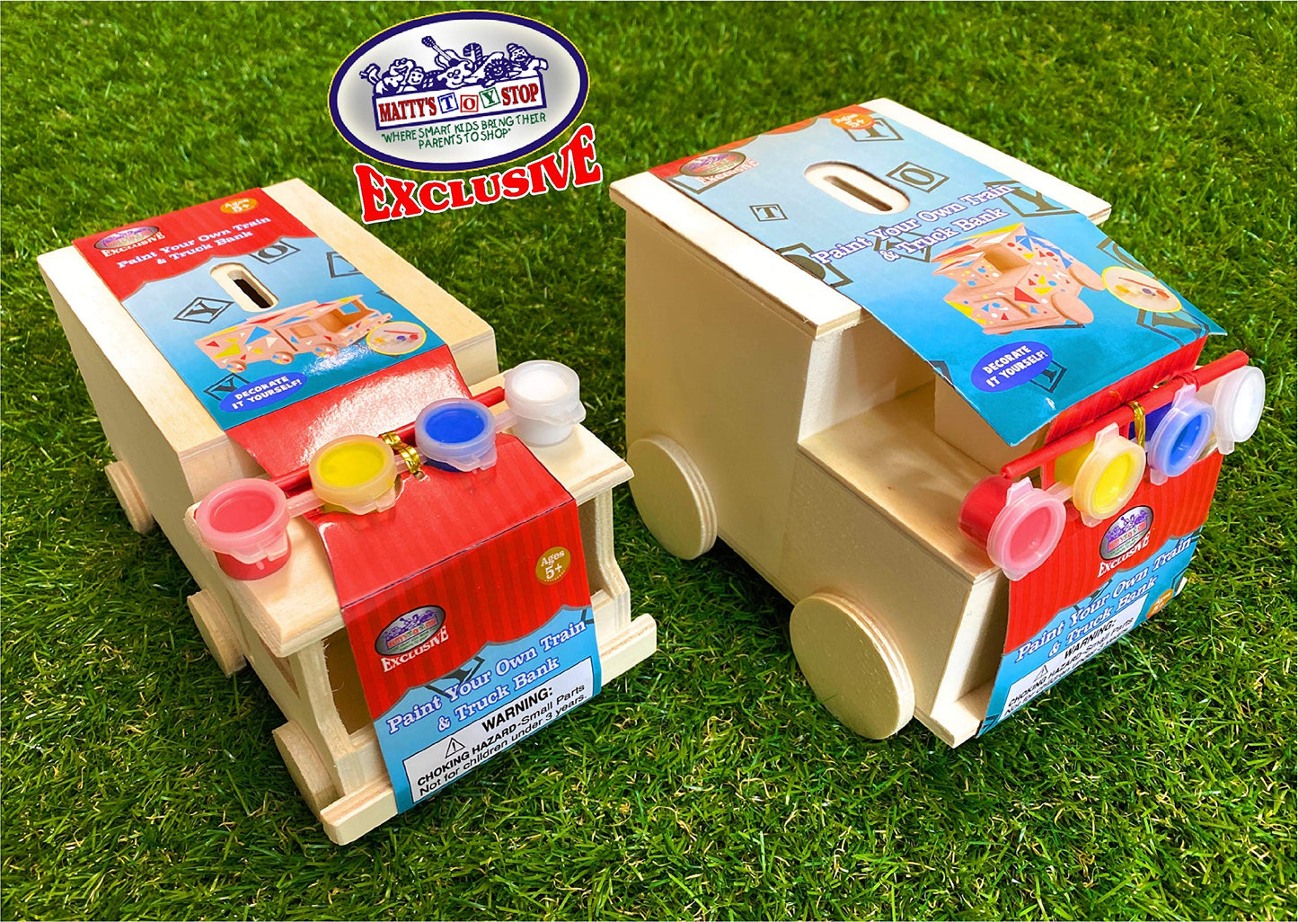 M?tty's Toy Stop Design & Paint Your Own Wooden Train & Truck Banks (Each Includes 4 Paints & 1 Brush) Gift Set Bundle - 2 Pack