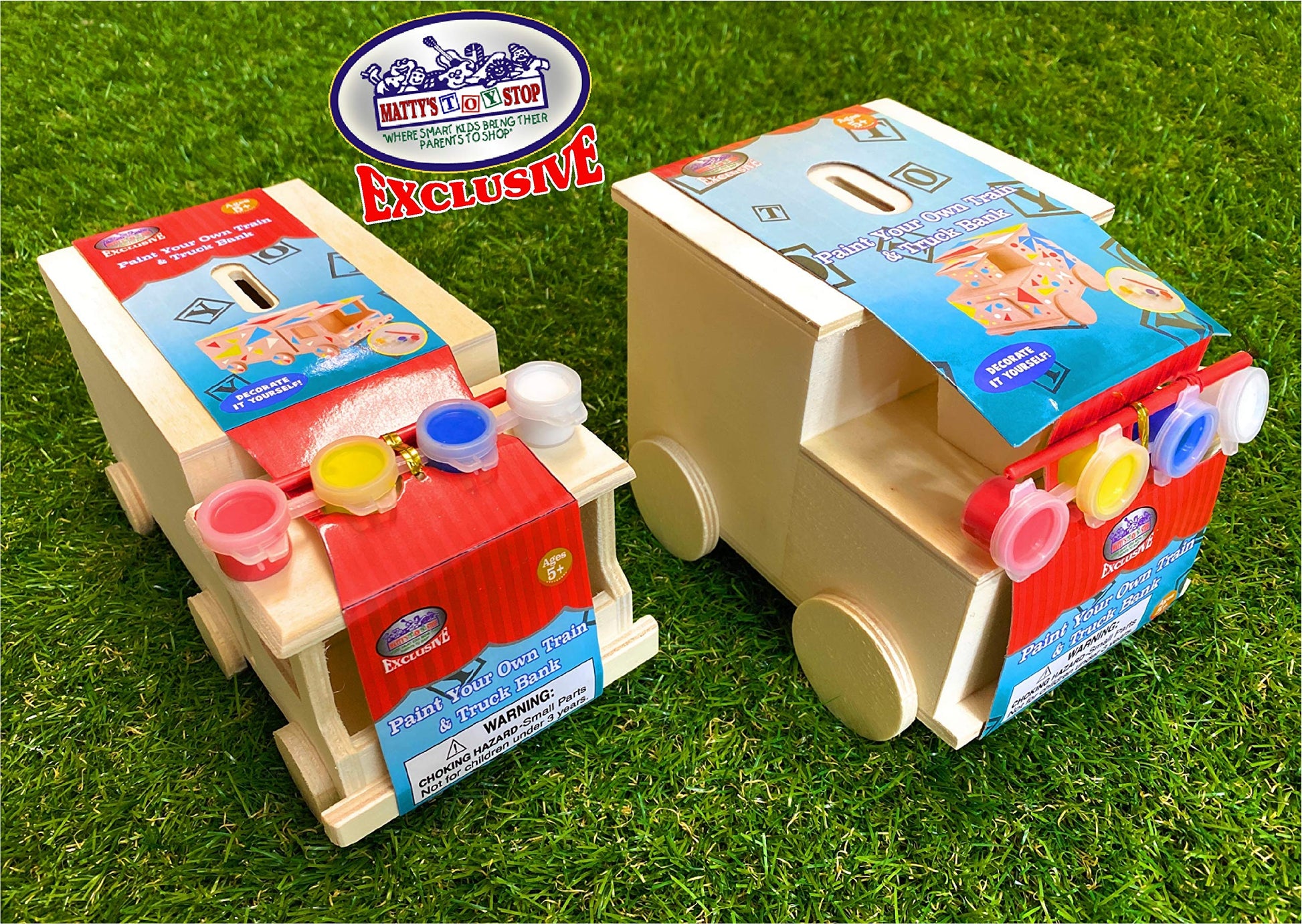 M?tty's Toy Stop Design & Paint Your Own Wooden Train & Truck Banks (Each Includes 4 Paints & 1 Brush) Gift Set Bundle - 2 Pack