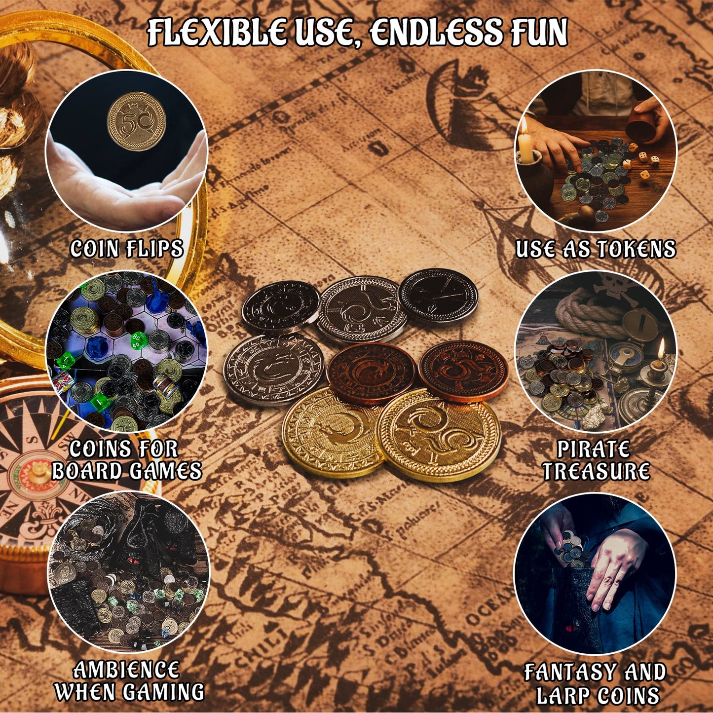 CZYY Metal Game Coins Set, 60 Fantasy Currency Tokens with Leather Pouch