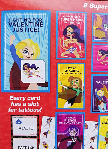 International Greetings 32 Count School Valentines Day Illustrated Cards with Matching Stickers or Tattoos (DC Super Hero Girl)