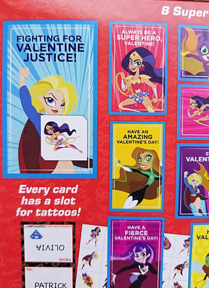 International Greetings 32 Count School Valentines Day Illustrated Cards with Matching Stickers or Tattoos (DC Super Hero Girl)