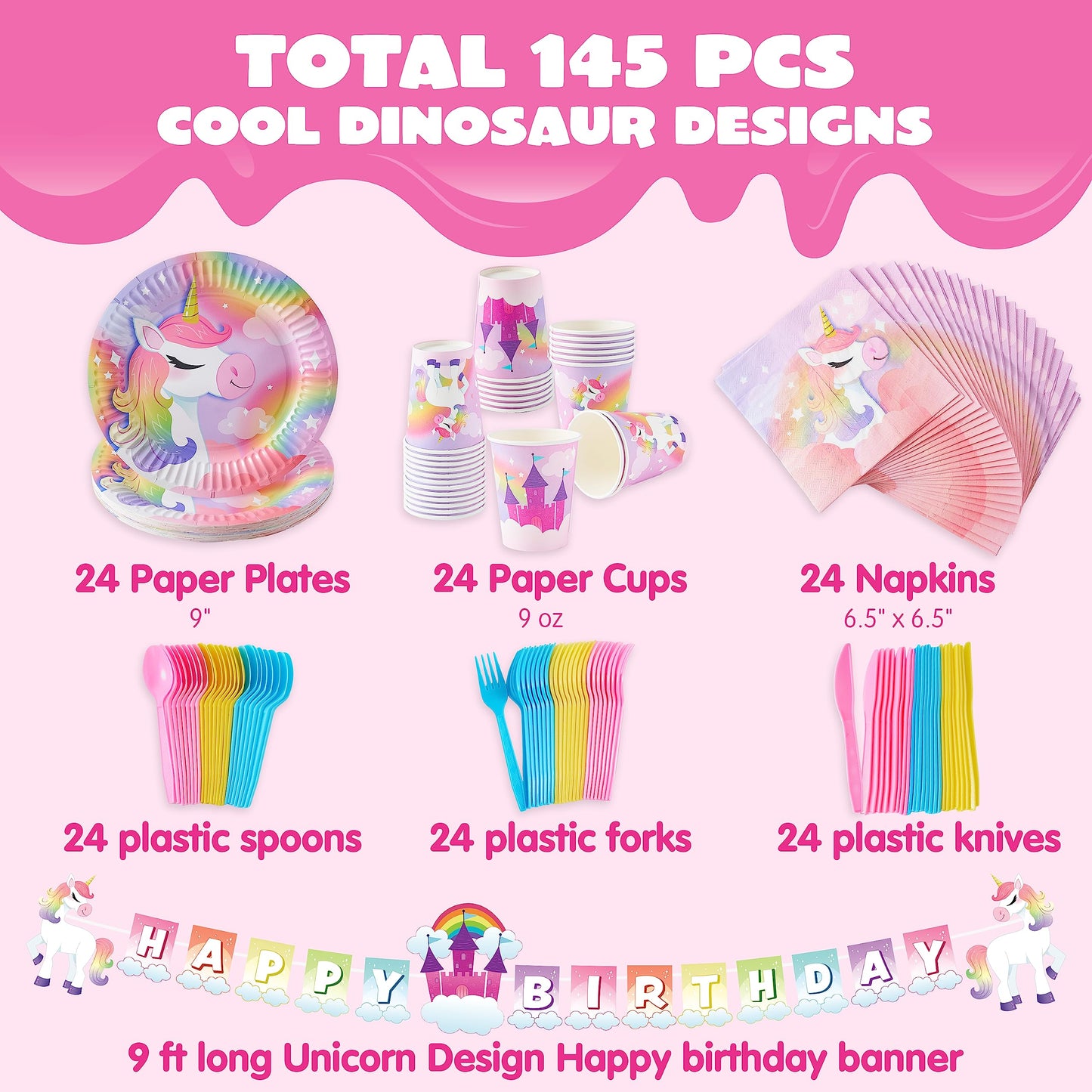 JOYIN 145 Pcs Unicorn Birthday Party Supplies with Unicorn Banner for Girls, 24 Serves Unicorn Disposable Tableware Set with Plates , Cups, Napkins