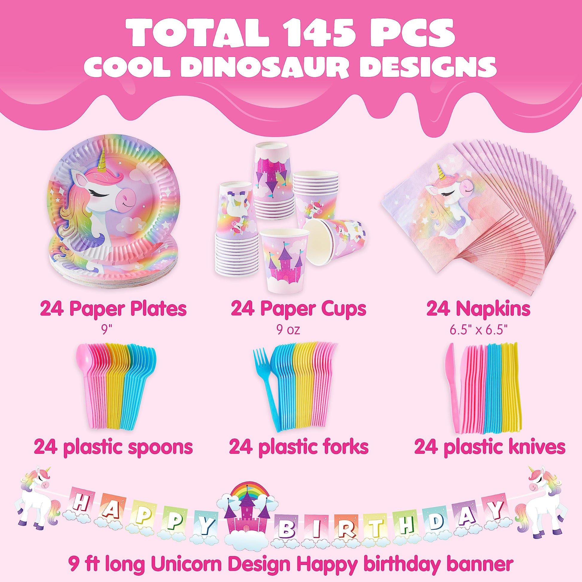 JOYIN 145 Pcs Unicorn Birthday Party Supplies with Unicorn Banner for Girls, 24 Serves Unicorn Disposable Tableware Set with Plates , Cups, Napkins