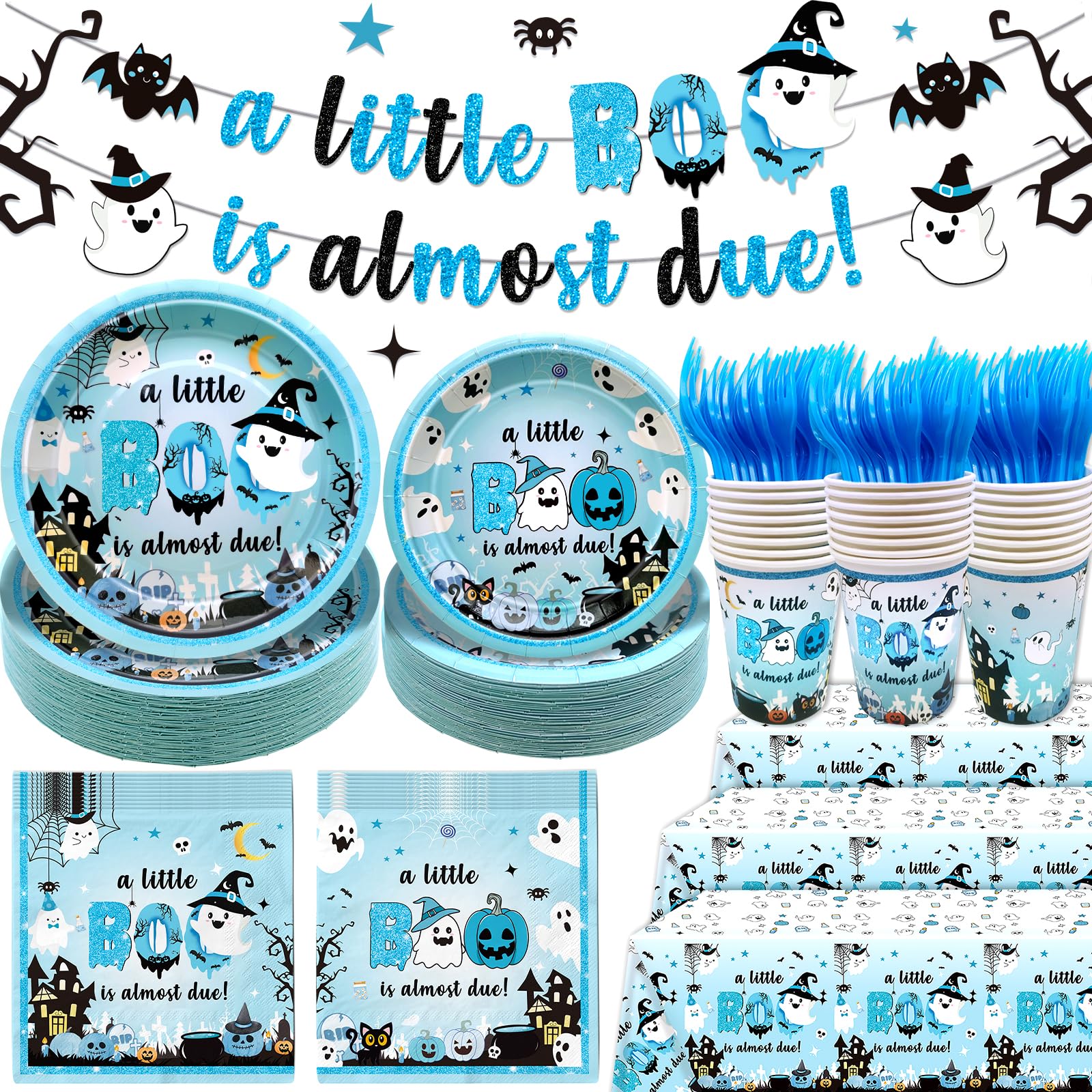 147Pcs A Little Boo Is Almost Due Baby Shower Boy Little Boo Baby Shower Decorations Boy Halloween Plates and Napkins Blue Halloween Tableware