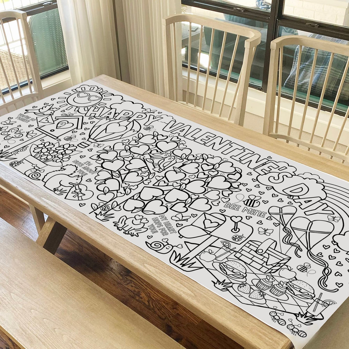 Tiny Expressions Valentines Coloring Tablecloth - Rolled, No Creases 30" x 72" Giant Coloring Poster to Color On - Valentine's Day Activity