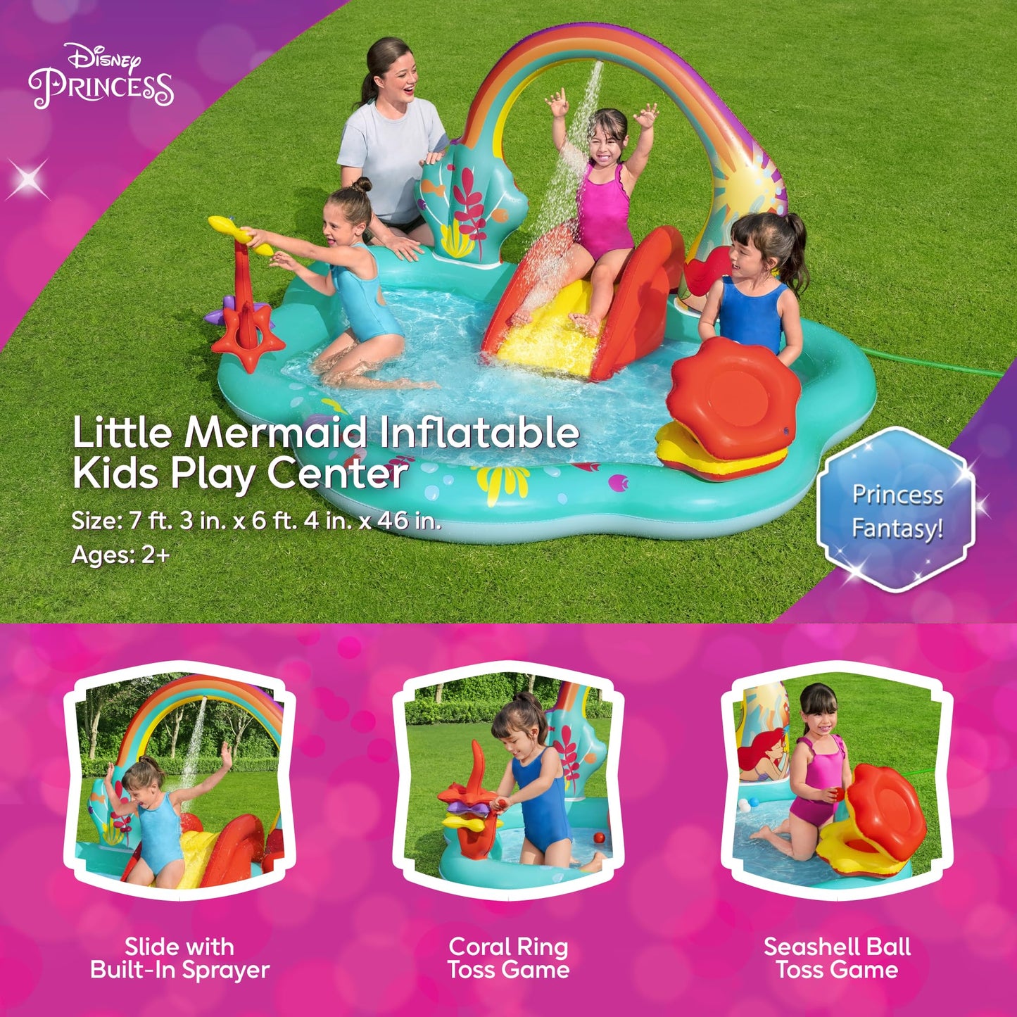 Disney Little Mermaid Inflatable Kids Water Play Center Activity Pool with Slide, Ring Toss, and Ball Toss Game for Kids 2 and Up