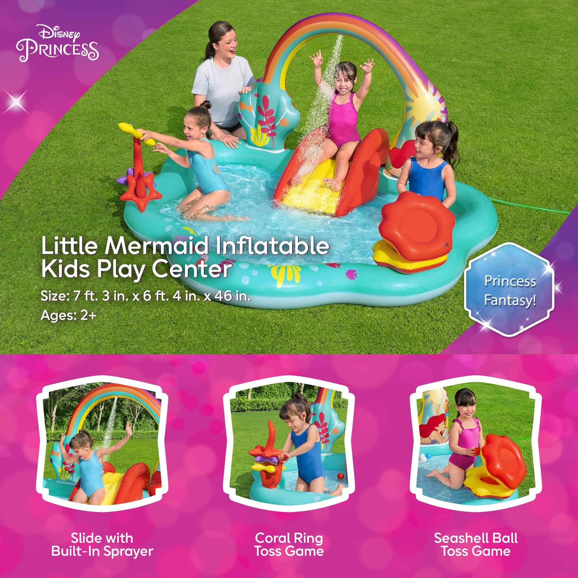 Disney Little Mermaid Inflatable Kids Water Play Center Activity Pool with Slide, Ring Toss, and Ball Toss Game for Kids 2 and Up