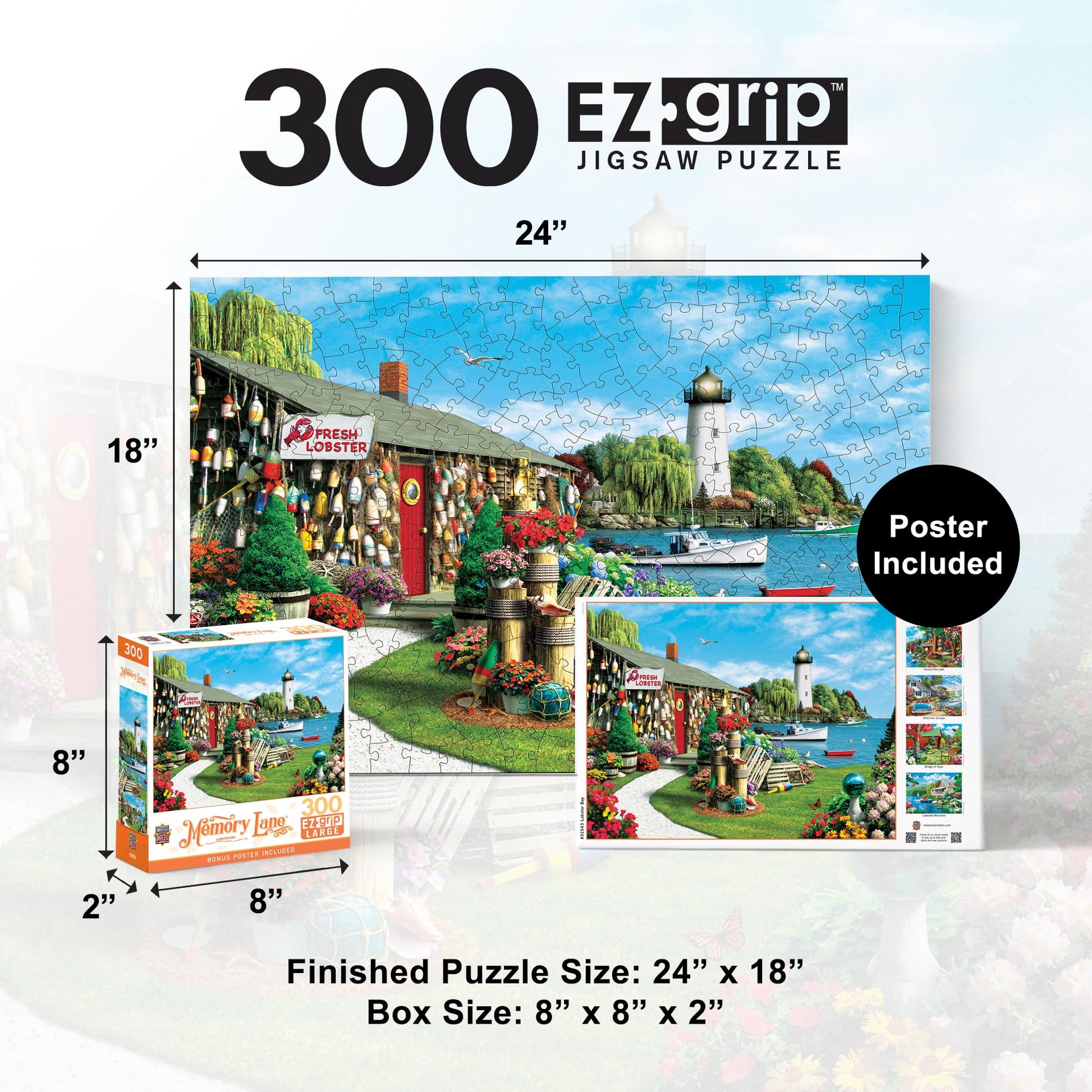 MasterPieces 300 Piece EZ Grip Jigsaw Puzzle - Lobster Bay Seaside Lighthouse and Boat - 18"x24"