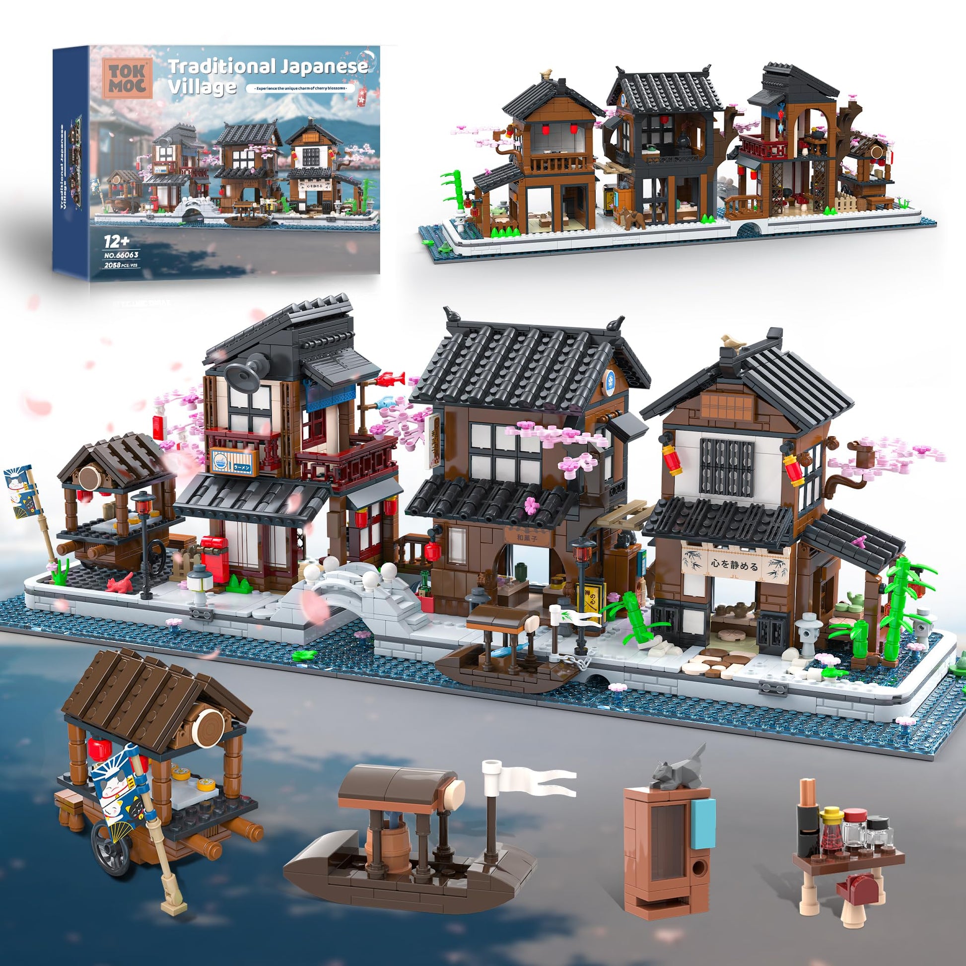 Traditional Japanese Cherry Blossom Village Building Set, Sakura Street View Architecture Building Block - Izakaya & Tea House, Collectible