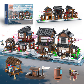 Traditional Japanese Cherry Blossom Village Building Set, Sakura Street View Architecture Building Block - Izakaya & Tea House, Collectible
