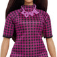 Barbie Fashionistas Doll #188, Curvy with Black Hair, Checkered Dress & Accessories Including Pink Sneakers & Necklace