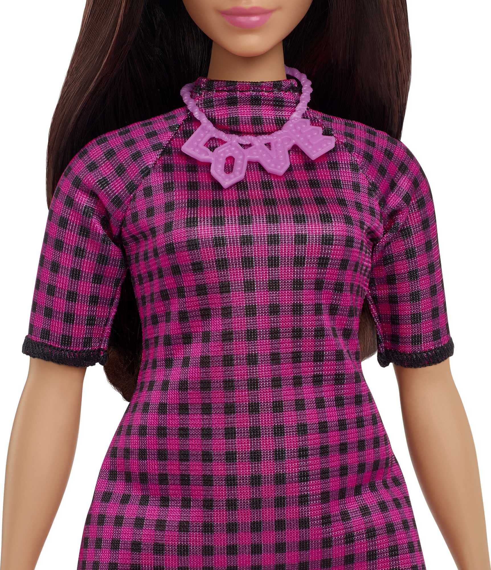 Barbie Fashionistas Doll #188, Curvy with Black Hair, Checkered Dress & Accessories Including Pink Sneakers & Necklace