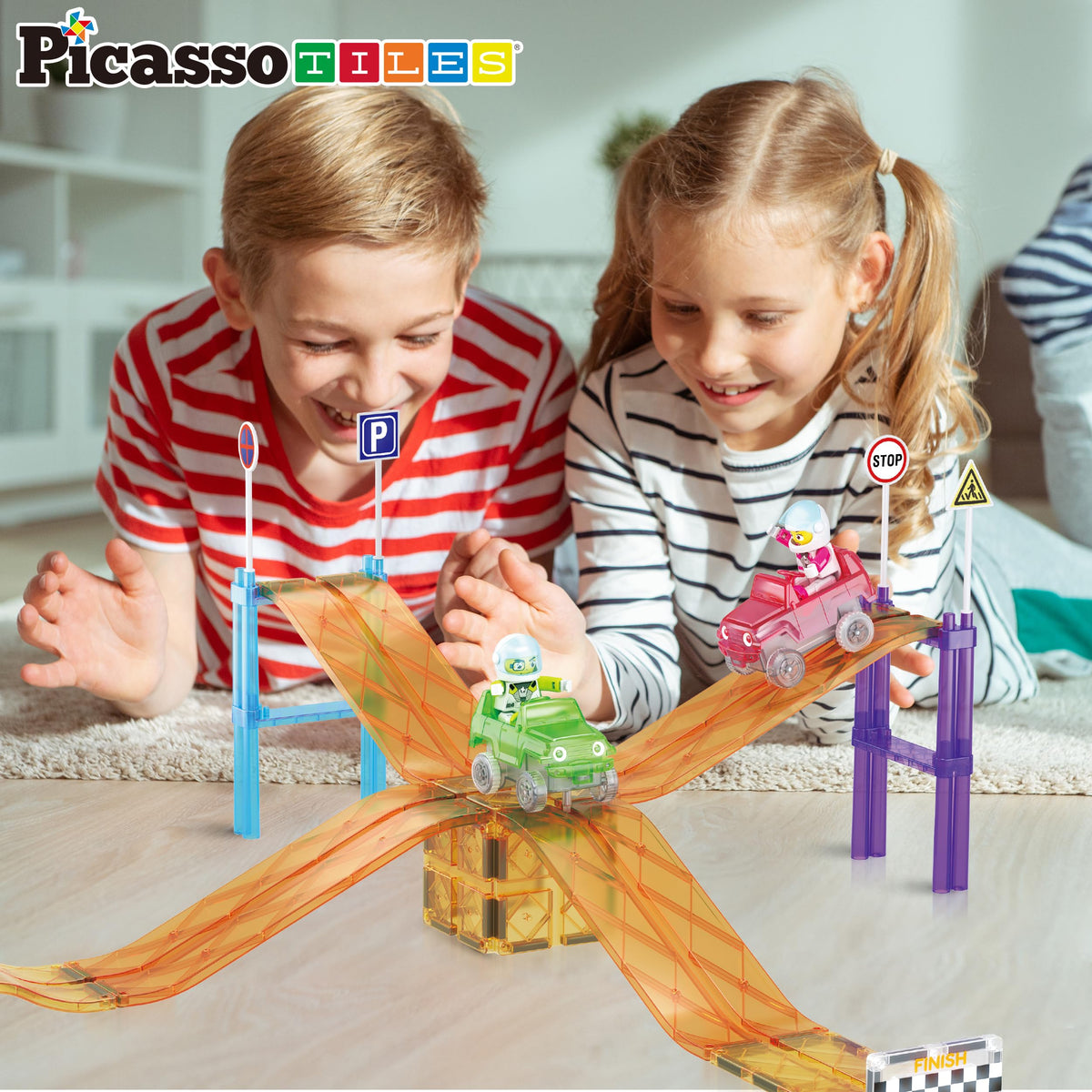 PicassoTiles Magnetic Race Track Car Slide Magnet Building Blocks Tiles Sensory Toys for Kids Toddlers Include Trucks Character Action Figures STEM