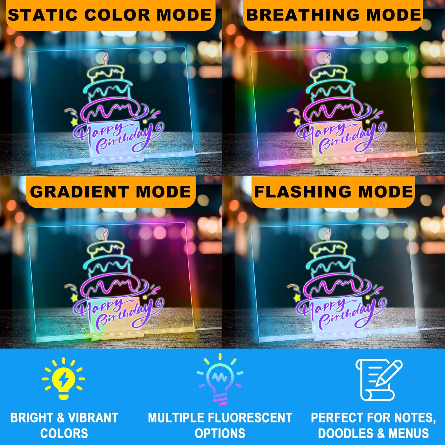 LED Drawing Board, 13.8"X10", Acrylic Note Board with Colors, Include Adapter, Acrylic Dry Erase Pad with Light 4 Modes & 7 Colors, 8 Markers, Stand