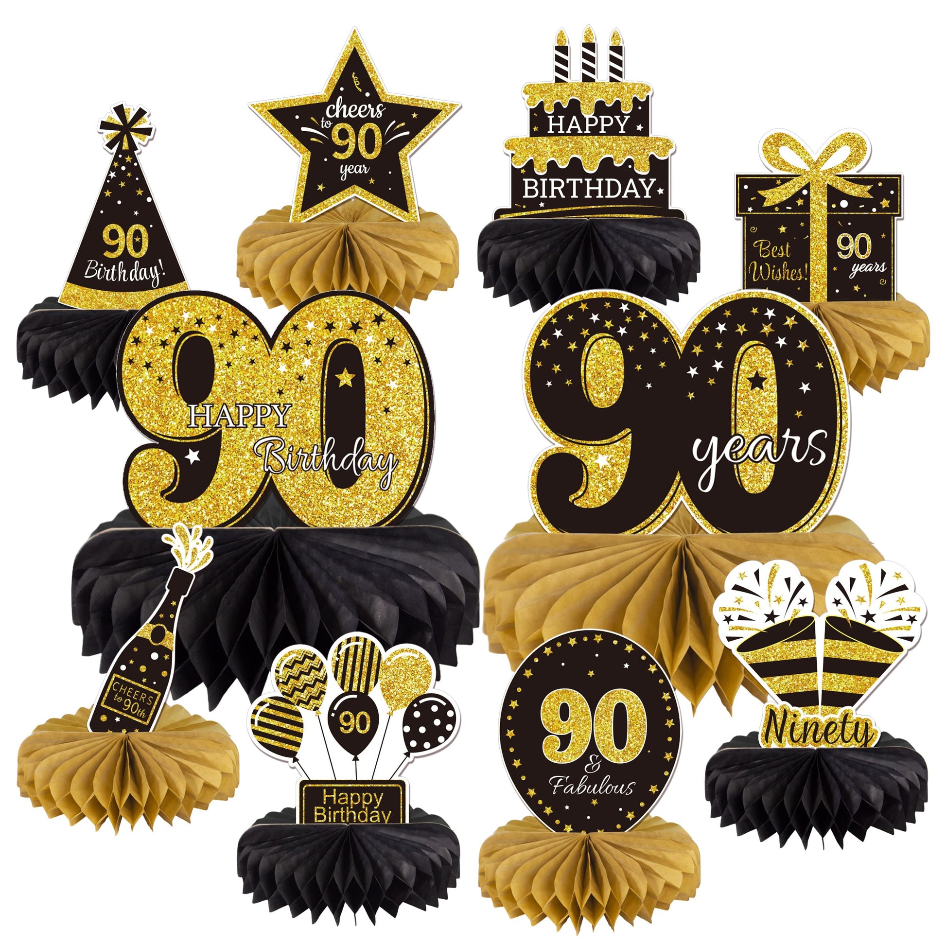 10PCS 90th Birthday Decorations Centerpieces for Table Decorations,Gold Black Happy 90th Birthday Honeycomb Table Topper Birthday Party Decoration