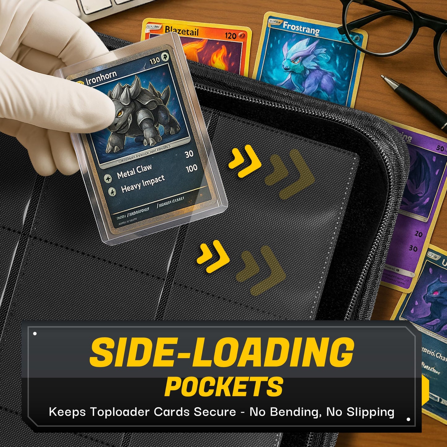 Toploader Binder | Holds 252 Toploaders | 9-Pocket | Ringless Double-Sided Pockets | Includes Collector Tweezers & Gloves | Premium Top Loader Binder