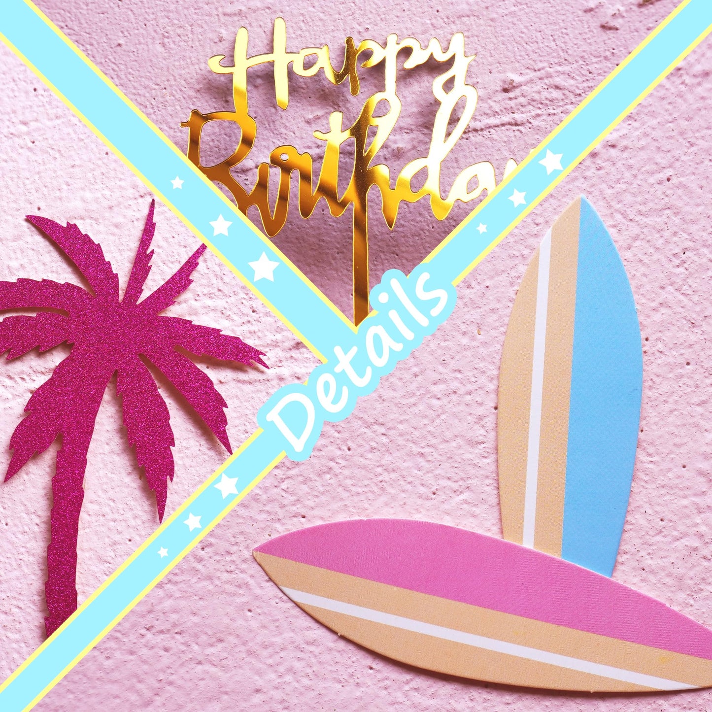 Summer Hawaiian Cake Topper with Beach Ball Sun Umbrella Goggles Beach Cake Decorations for Summer Holiday Theme Birthday Supplies (Surfboard)