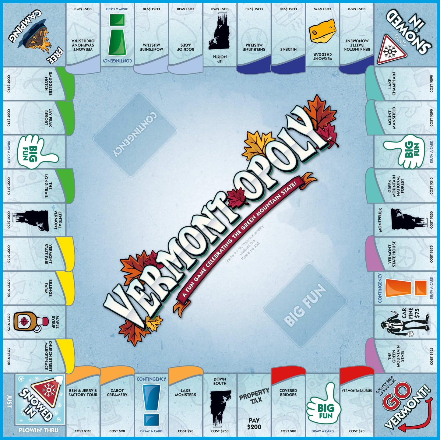 Late for The Sky Vermont-Opoly State Themed Family Board Game, Vermont Strategy Board Game for Adults and Kids, Ages 8+, 2-6 Players, Traditional or 1