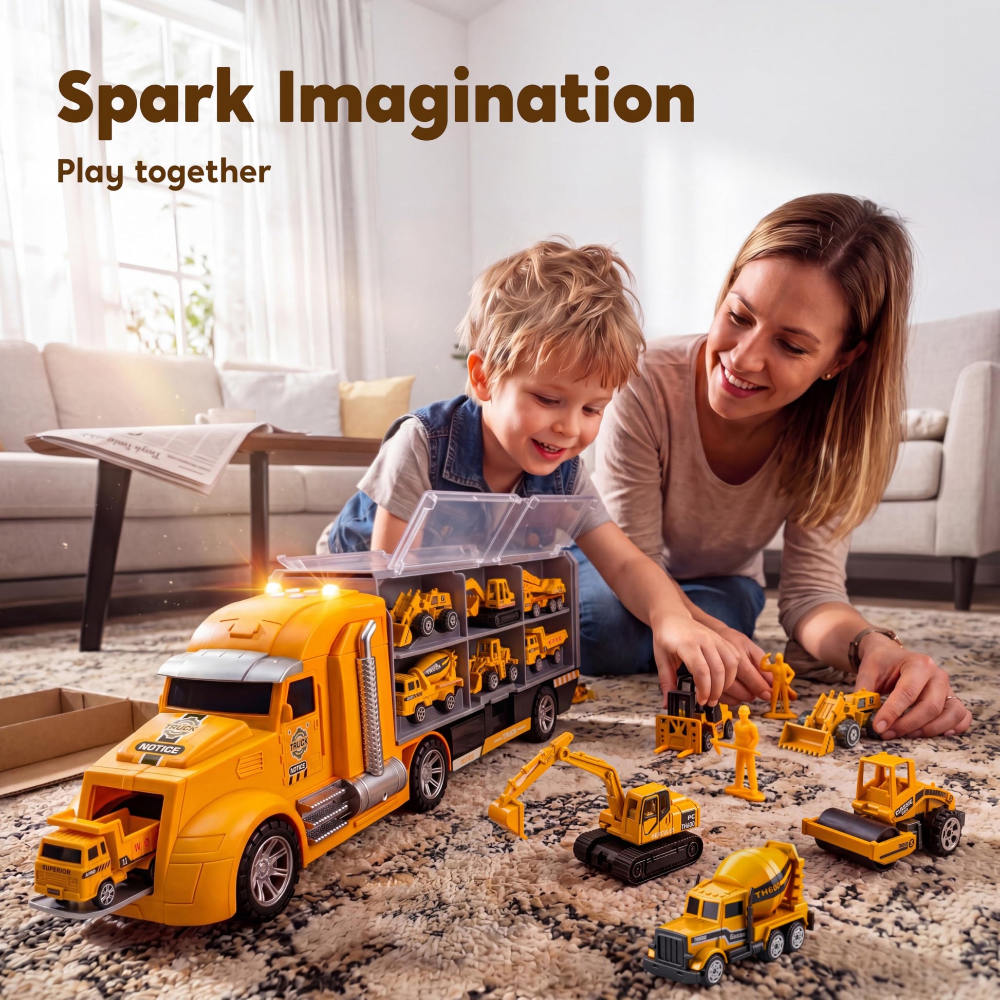 JOYIN 25-in-1 Construction Truck Toy Set with 12 Vehicles & 12 Worker Figures, Push and Go Toy Trucks with Sound and Light, Construction Toys Birthday