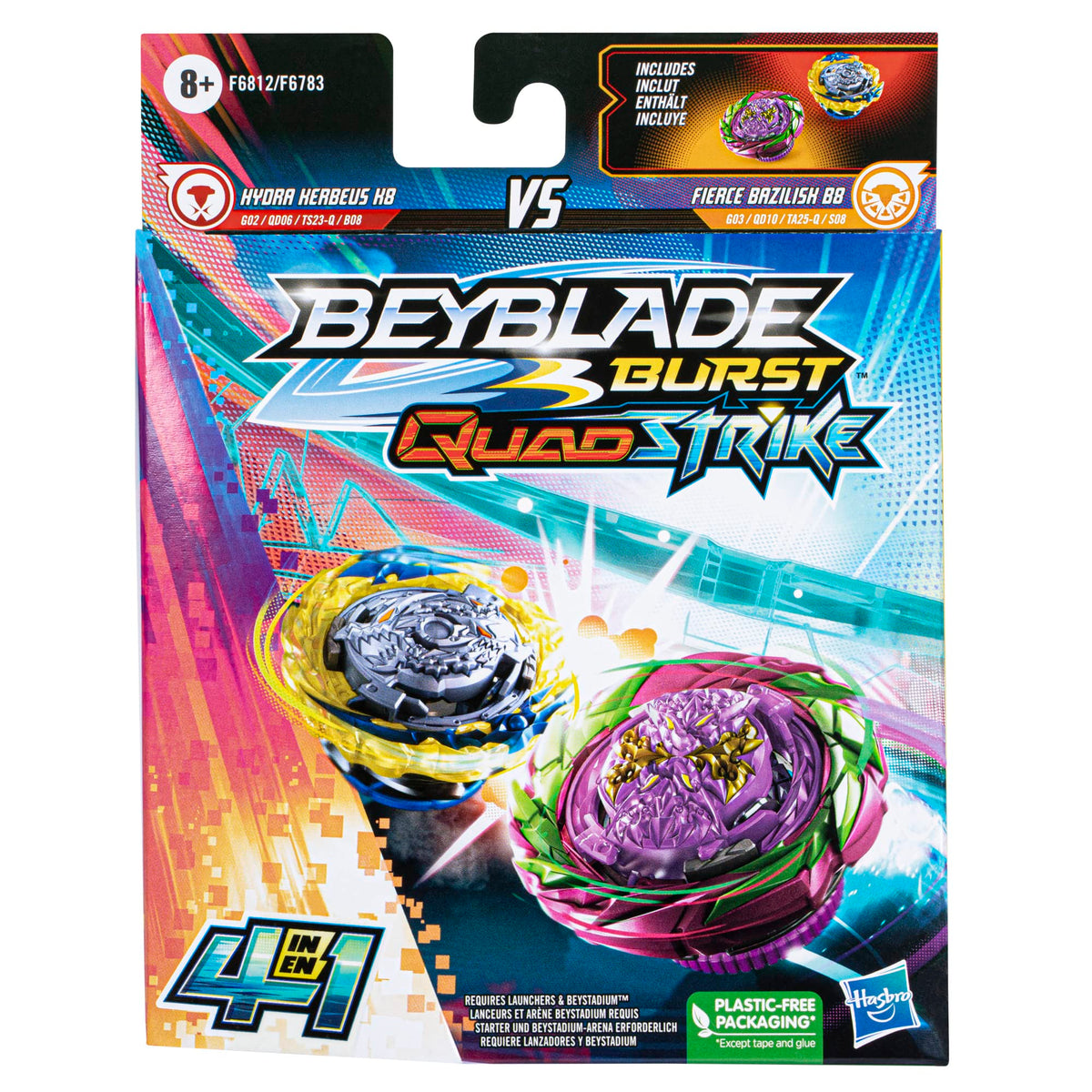 Beyblade Burst QuadStrike Fierce Bazilisk B8 and Hydra Kerbeus K8 Spinning Top Dual Pack, 2 Battling Game Top Toy for Kids Ages 8 and Up