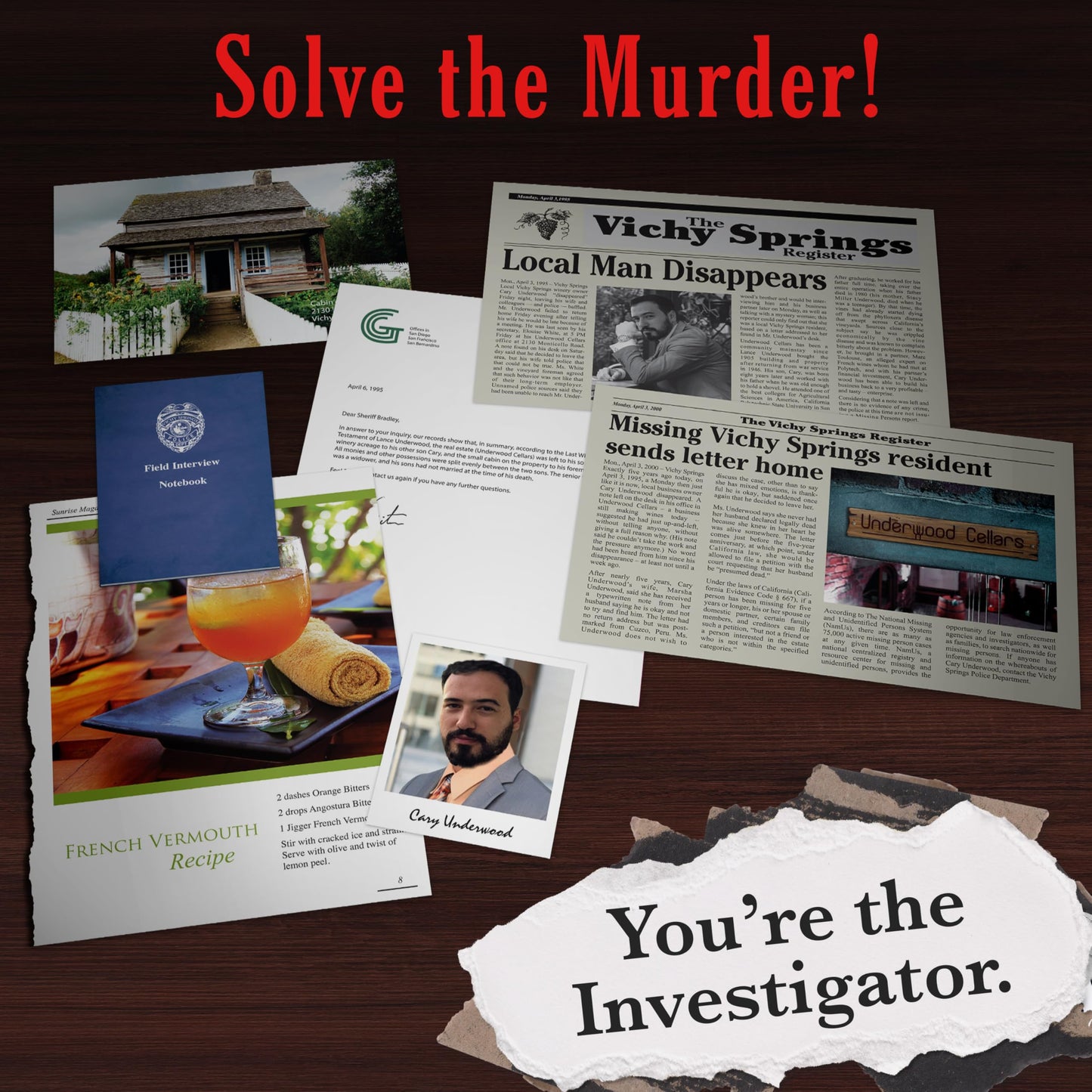 Murder Mystery Party Underwood Cellars, Interactive Murder Mystery Case File Game for 1 or More Players, Ages 14 and Up
