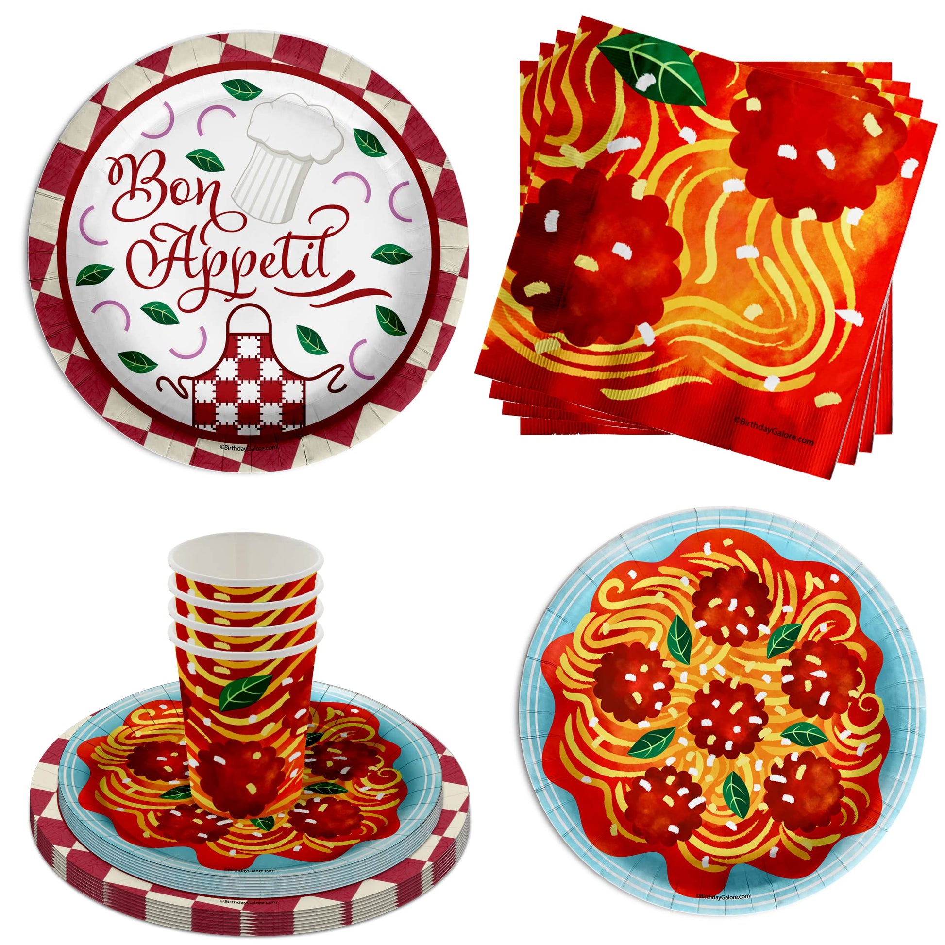 Birthday Galore Spaghetti & Meatballs Themed Party Supplies for Kids and Adults - 64 Pieces Colorful & Fun Bon Appétit Tableware Disposable Set