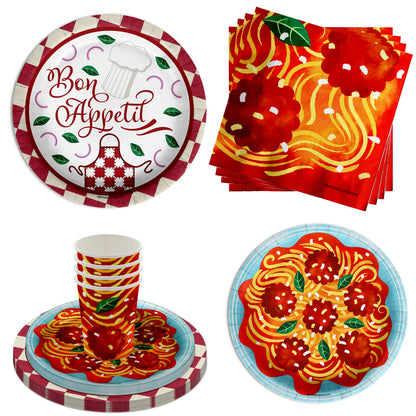 Birthday Galore Spaghetti & Meatballs Themed Party Supplies for Kids and Adults - 64 Pieces Colorful & Fun Bon Appétit Tableware Disposable Set