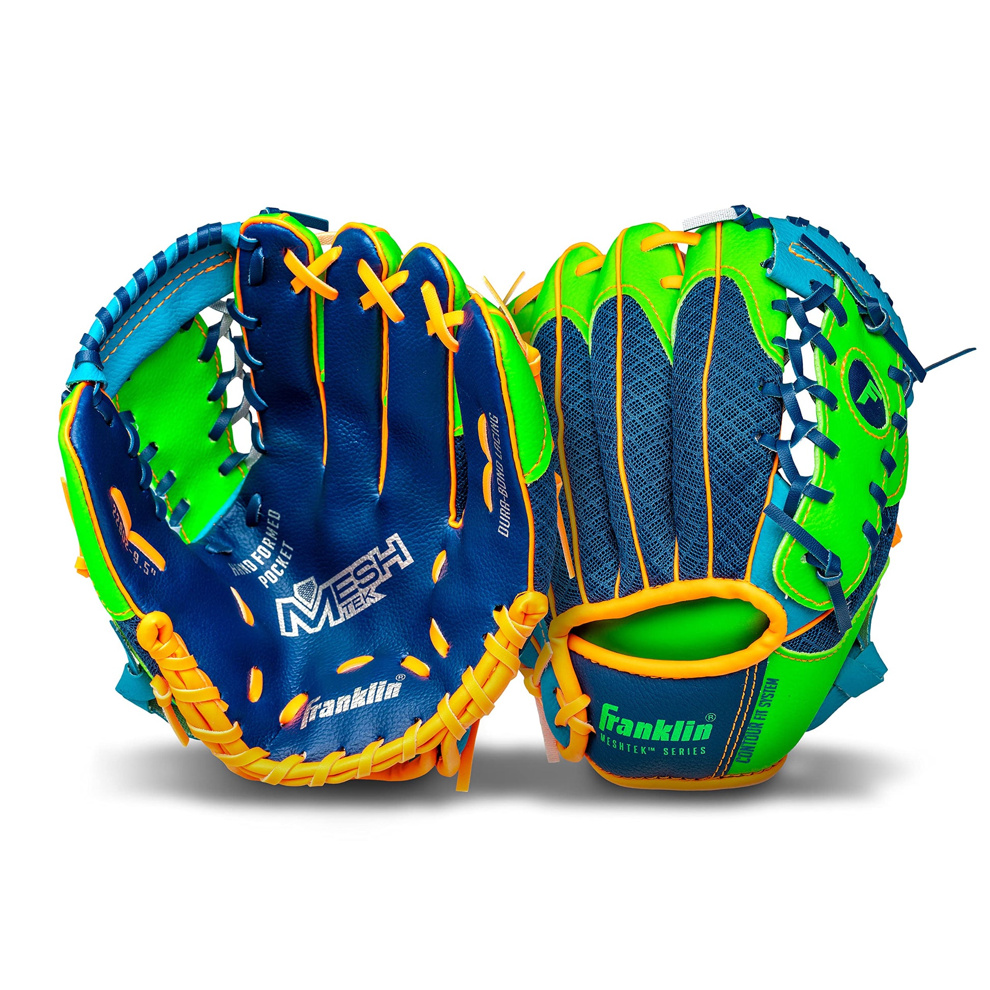Franklin Sports Teeball Meshtek Gloves, Navy/Lime/Orange, Right Hand Throw, 9.5"