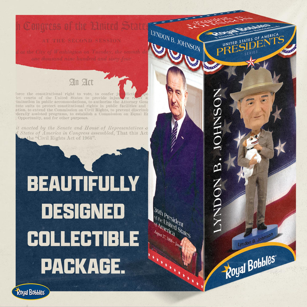 Royal Bobbles Lyndon B. Johnson “LBJ”, 36th President of the United States - American History Collection - 8.5 Inches Tall - Collectible Bobblehead