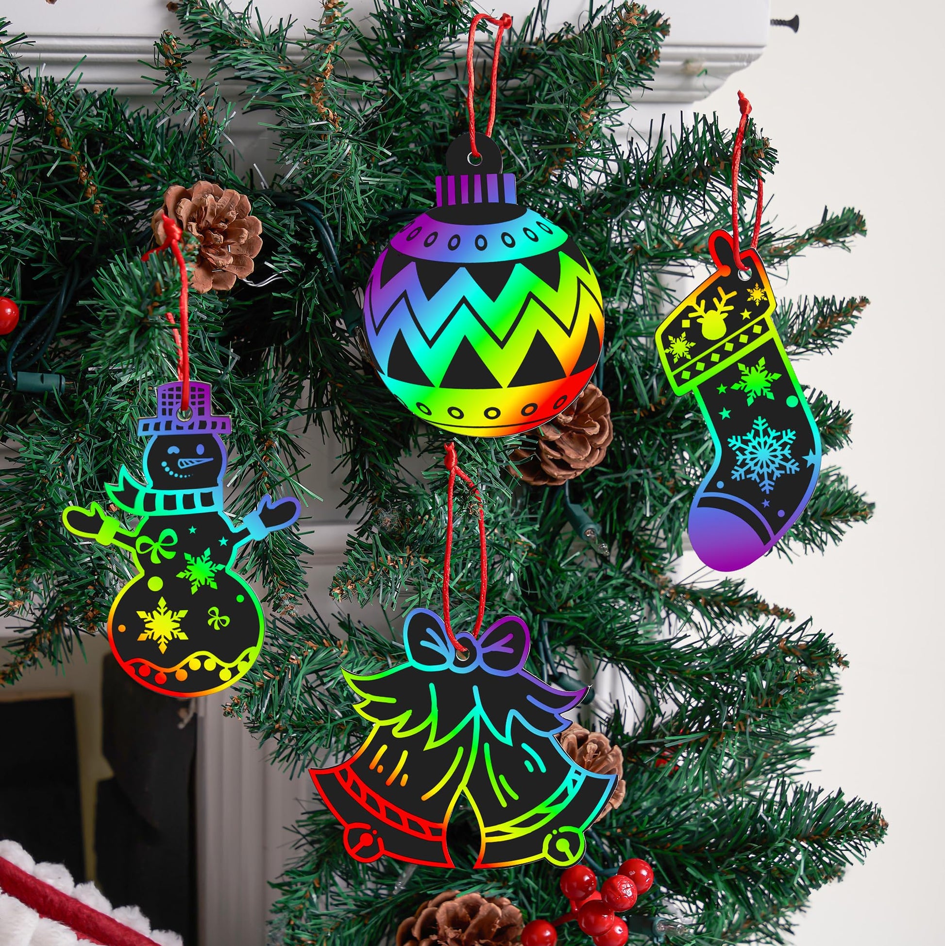 JOYIN 72 Pcs Christmas Scratch Art Ornaments, Scratch Paper Craft Kit Include Snowman, Snowflakes, Christmas Tree, and Reindeer, Rainbow Color Scratch