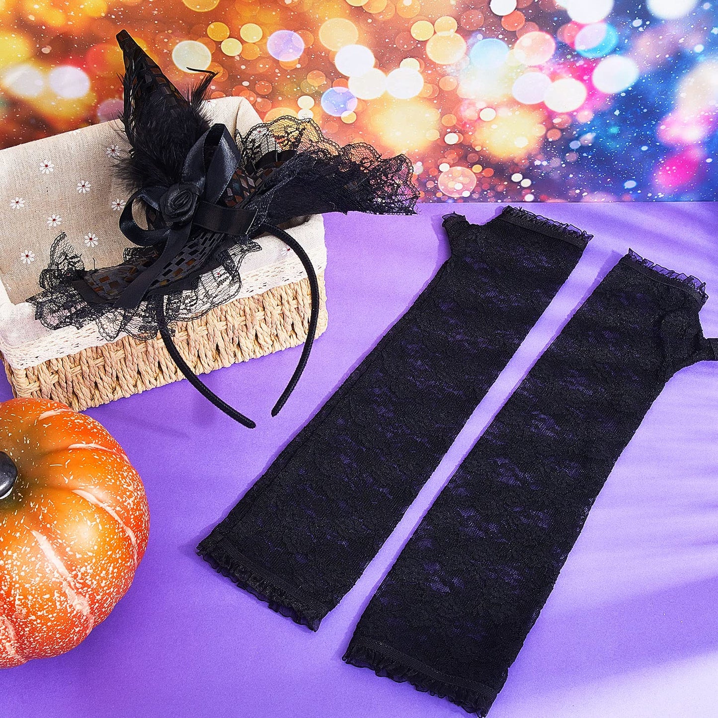 WILLBOND 4 Pcs Halloween Black Witch Hats and Lace Gloves Set, Halloween Costume Accessories, for Dress up Party Supplies