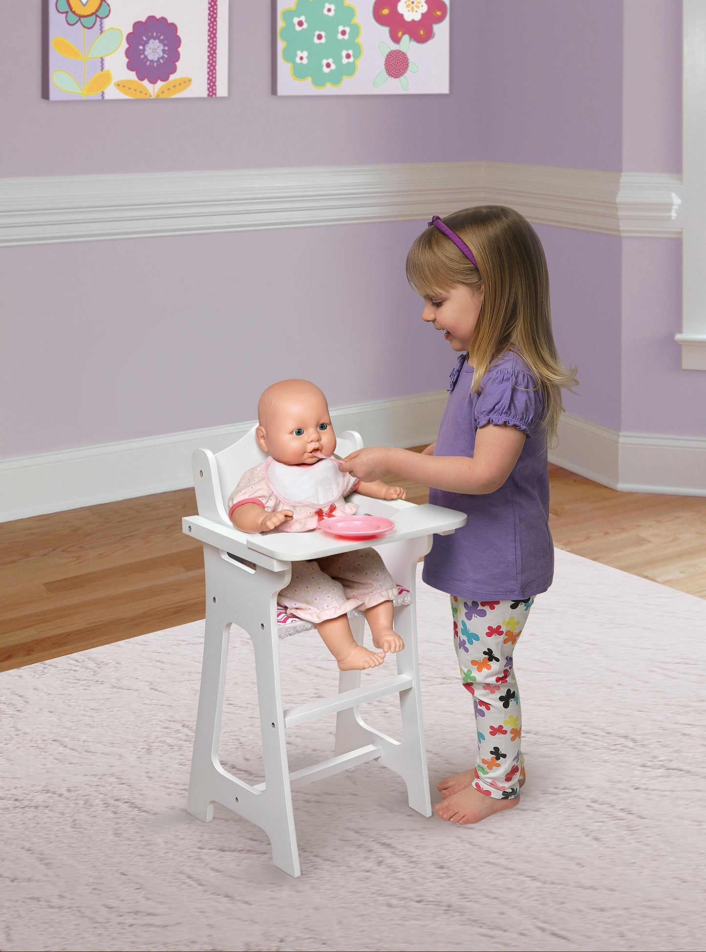 Badger Basket Chevron Doll High Chair with Plate, Bib, and Spoon - Ideal for Feeding 18-Inch Dolls in White and Pink