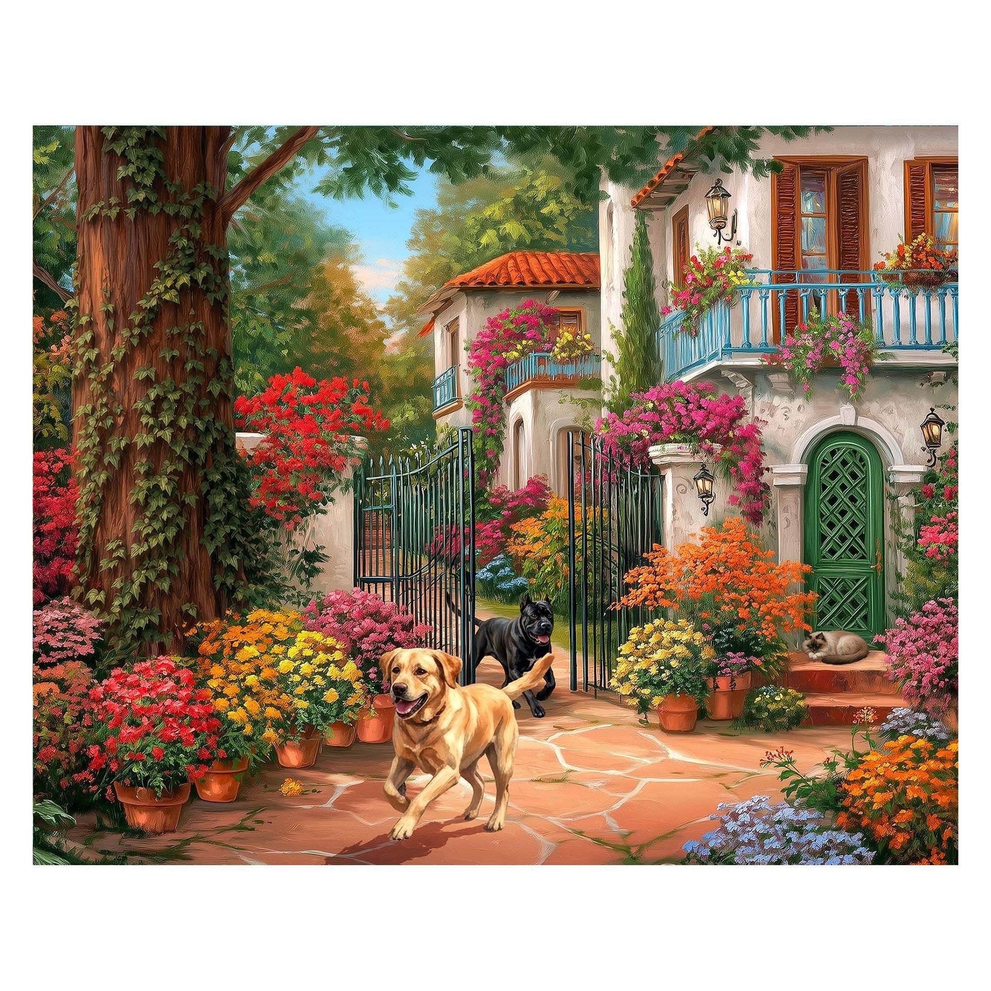 Springbok Garden Gate Welcome 1000 Piece Jigsaw Puzzle for Adults - Mediterranean Villa & Blooming Garden Scene - Poster Included - Unique Cut Pieces