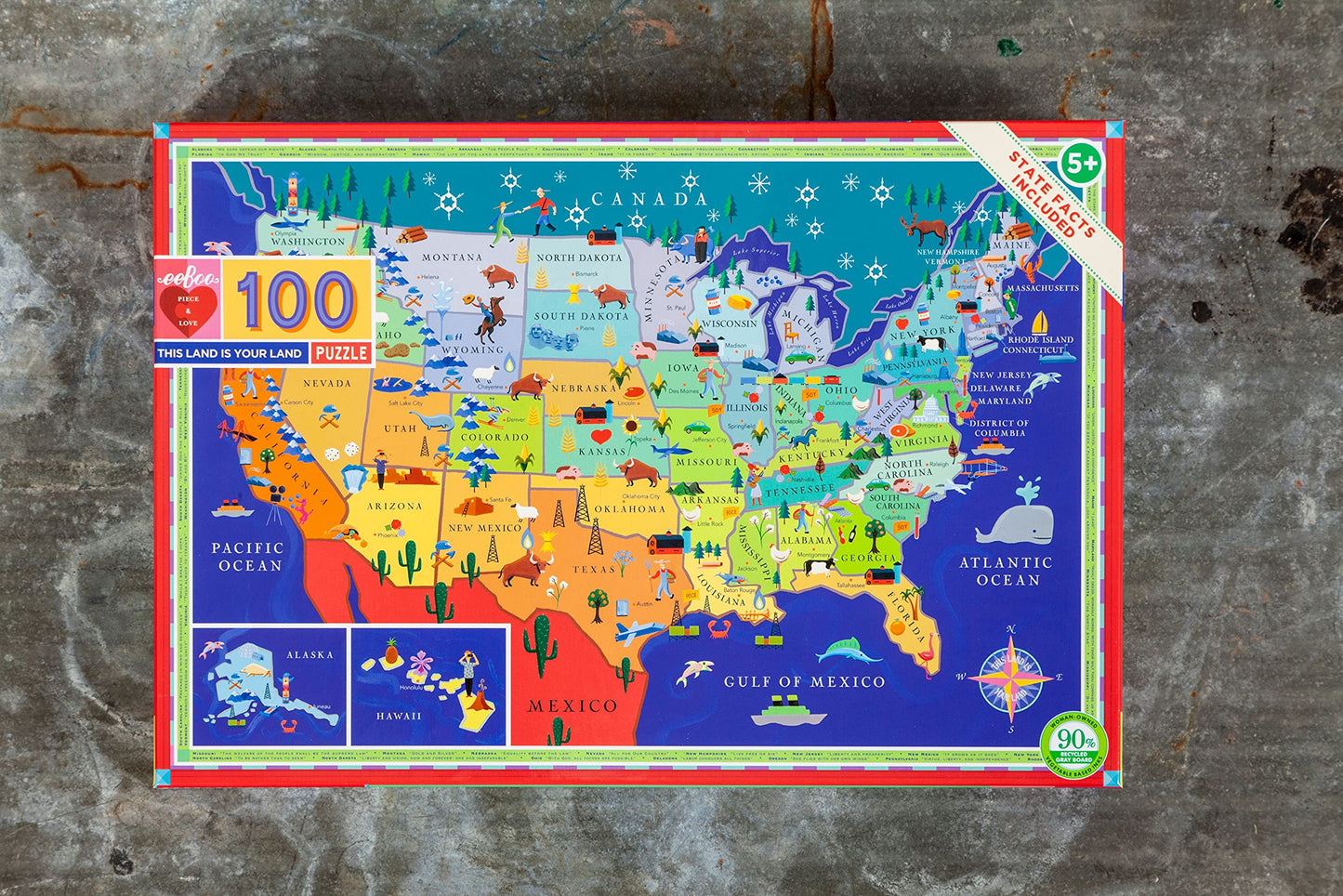 eeBoo This Land is Your Land 100 Piece Children's Puzzle, 27" x 18" USA Map