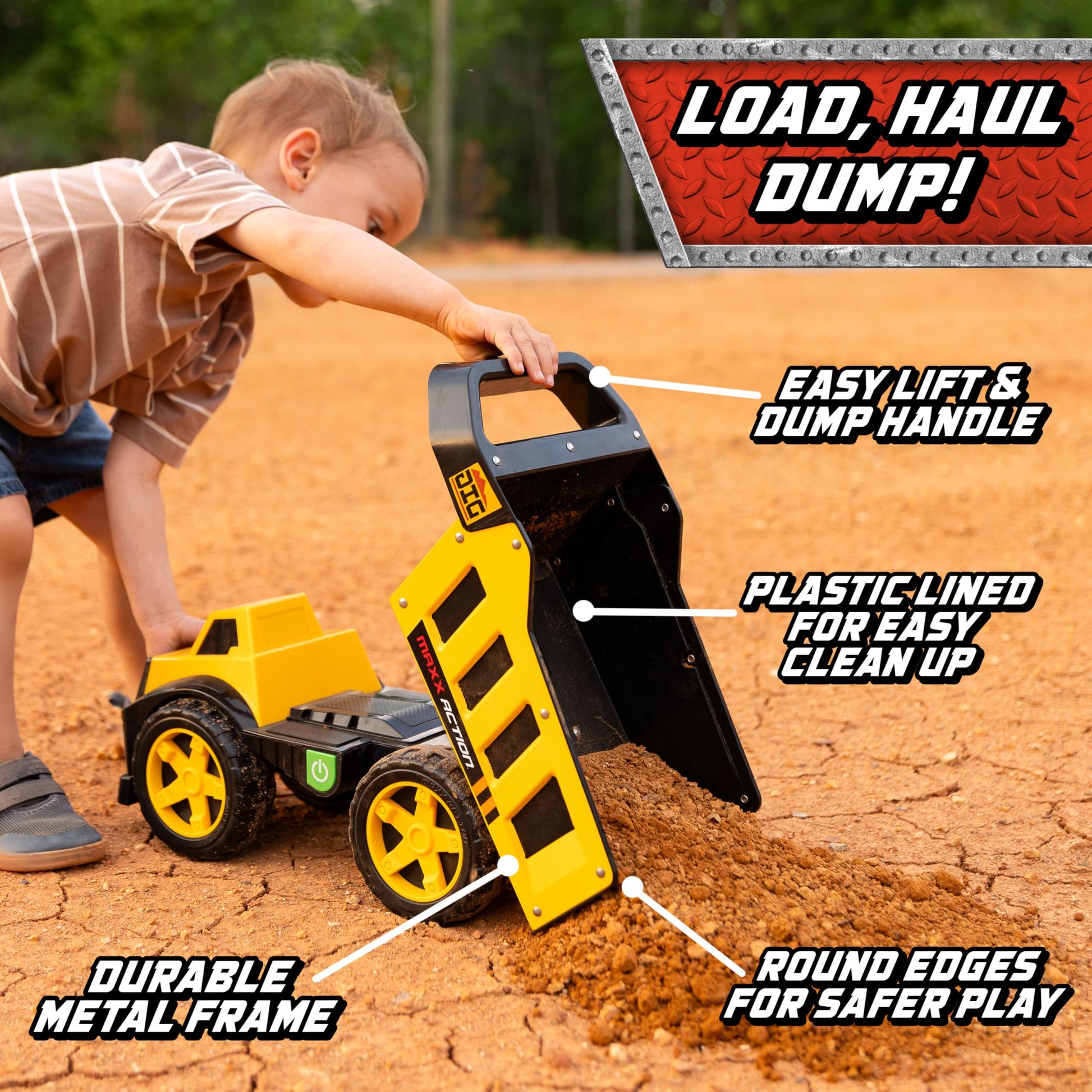 Maxx Action 16" Steel Dump Truck, Realistic Lights & Sounds, Heavy Duty Metal Truck Bed, Extra Large Wheels, Rugged Construction Vehicle Toy for Kids