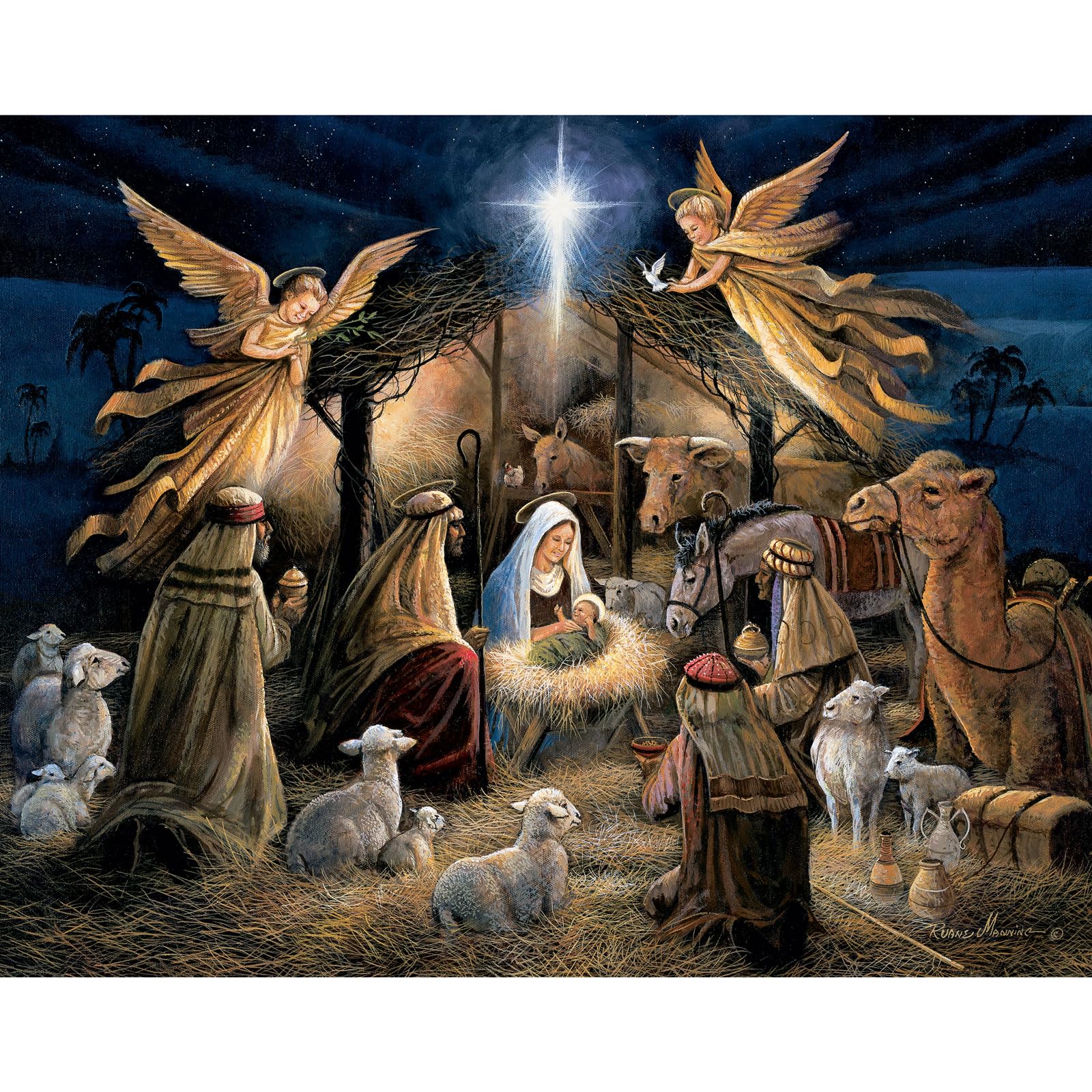 Bits and Pieces - in The Manger Jigsaw Puzzle for Adults - Nativity Scene Christmas Puzzle by Artist Ruane Manning - Religious Puzzle with Mary
