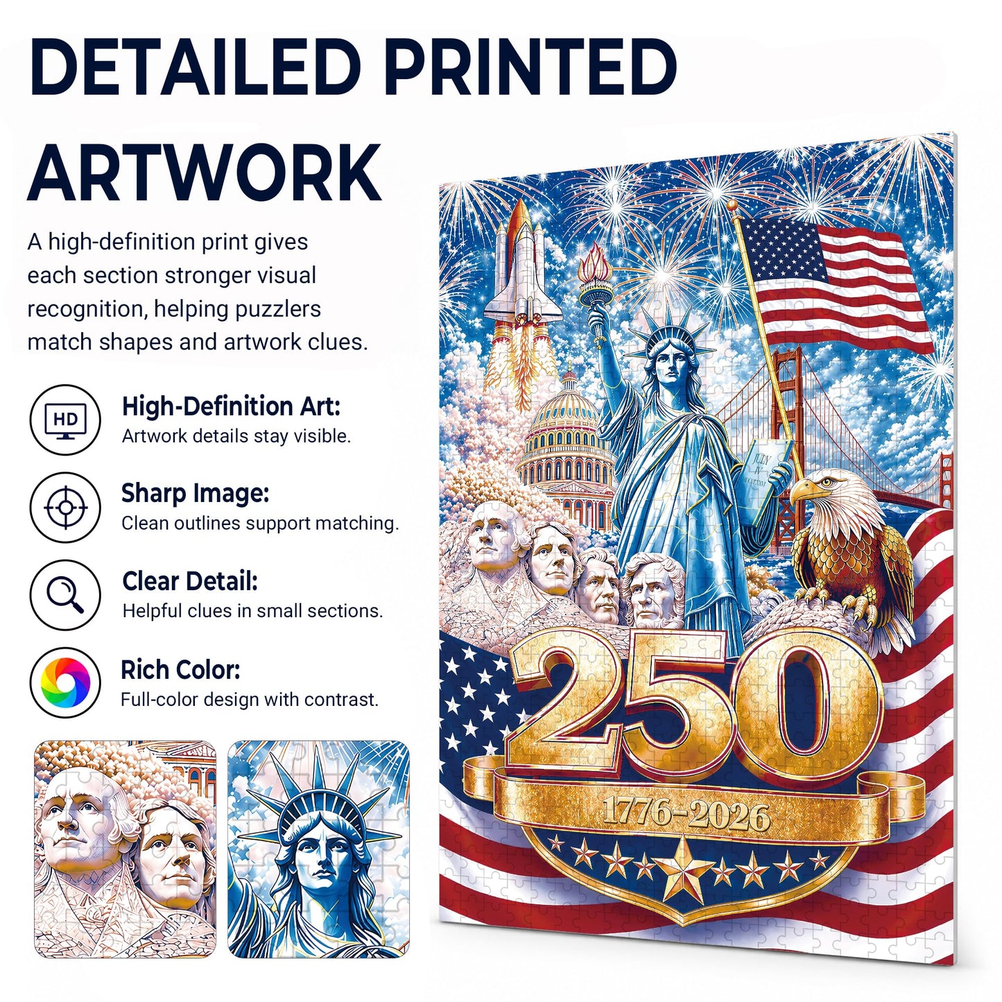 America 250 Anniversary Wooden Puzzle 1000 Pieces, USA 250th 1776-2026 Patriotic Artwork with Letters on Back, Challenging Jigsaw Puzzles for Adults