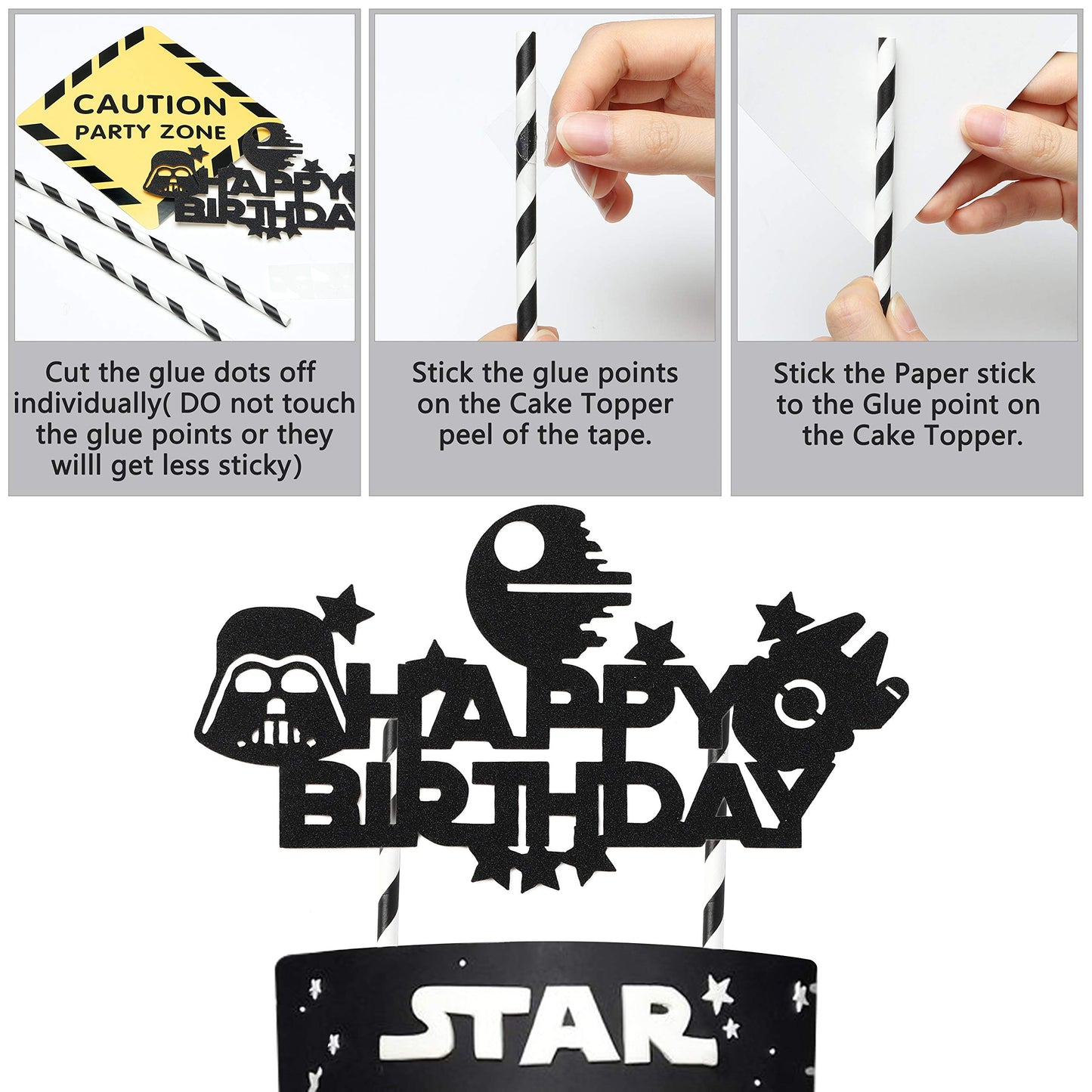Haooryx 35PCS Galaxy Wars Birthday Party Favor Supplies for Kids, Black Series Birthday Banner Darth Vader Cake Topper Decoration Latex Balloons War