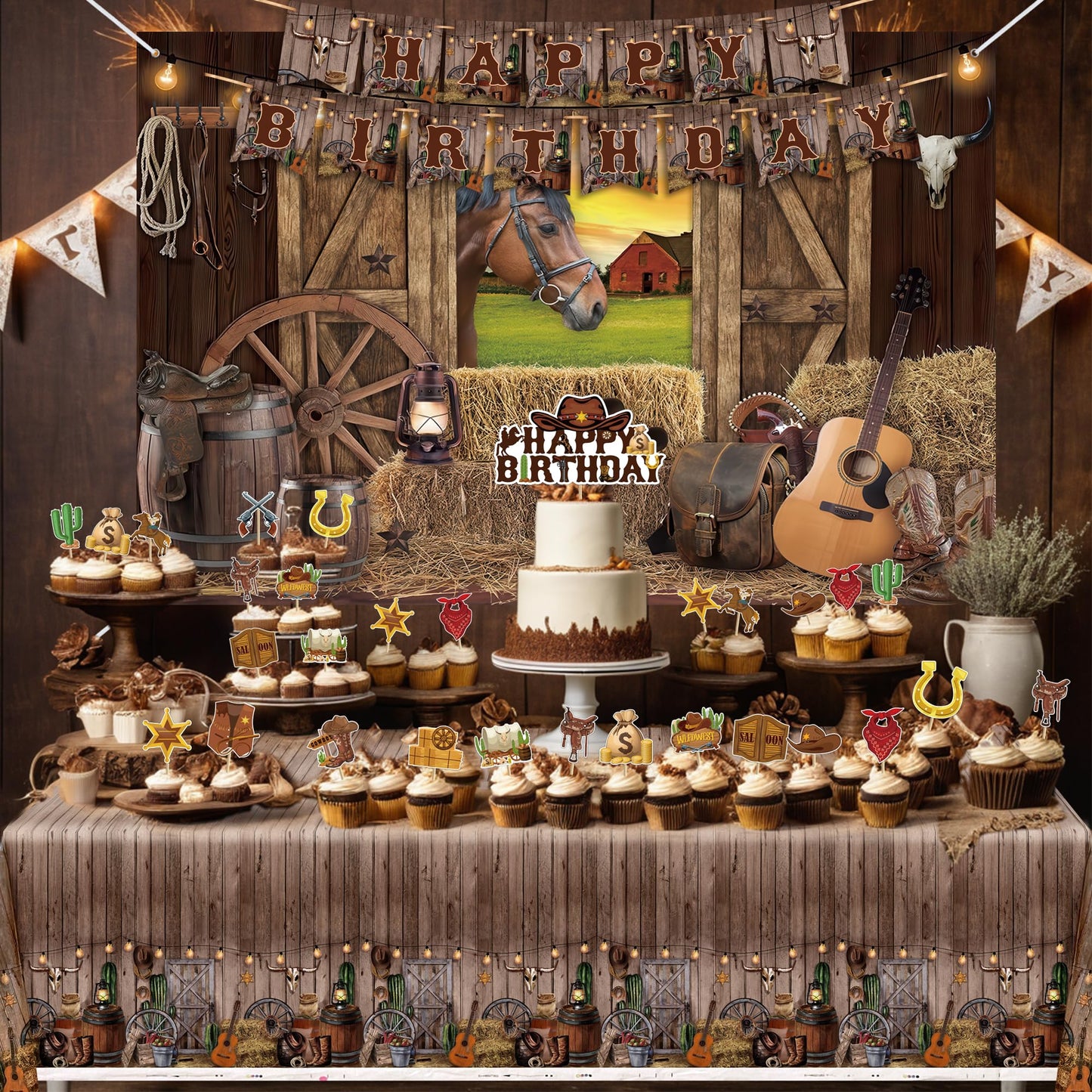 Western Cowboy Birthday Party Supplies Cowboy Party Decorations Include Happy Birthday Banner Denim Backcloth Denim Tablecloth Cake Insert Card Party