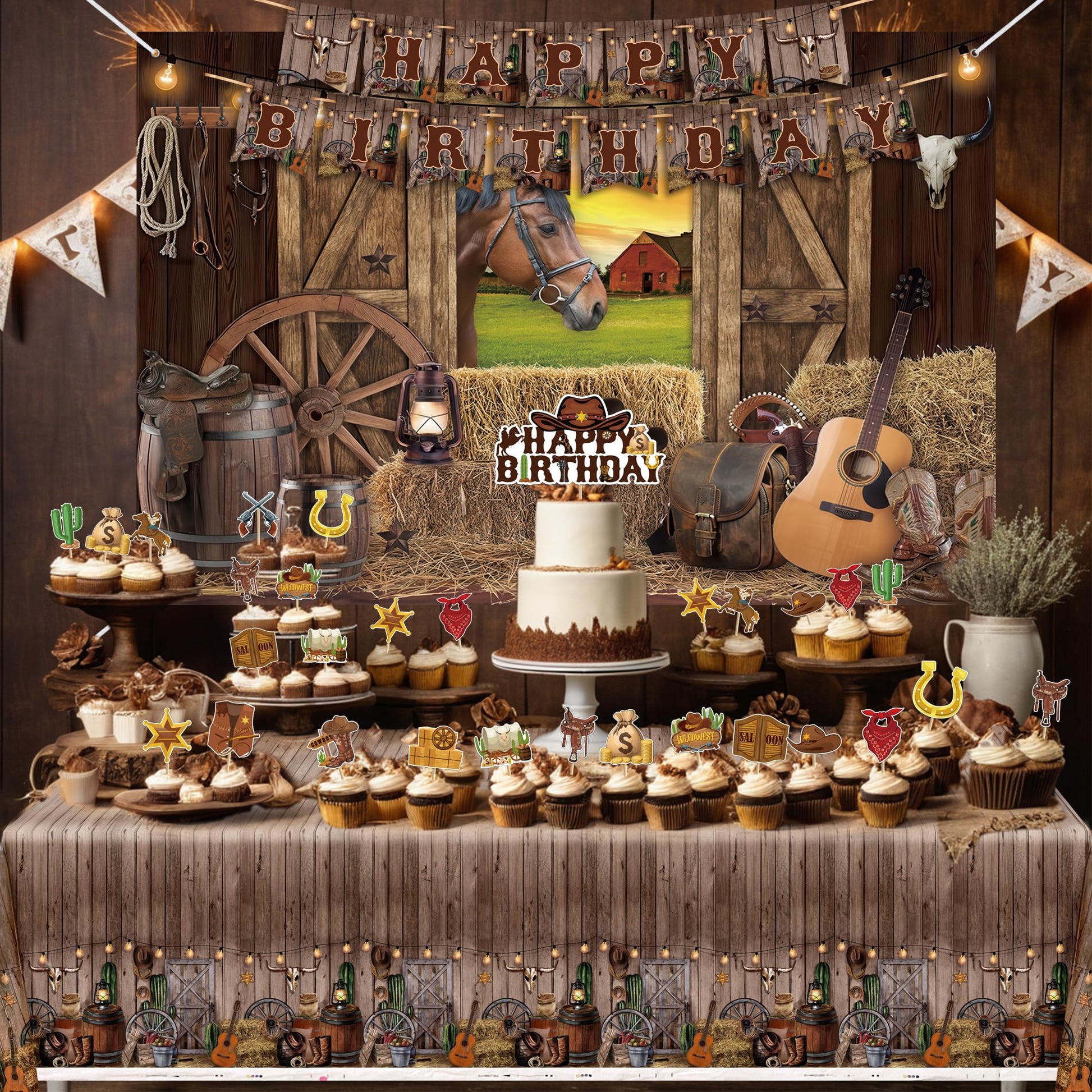 Western Cowboy Birthday Party Supplies Cowboy Party Decorations Include Happy Birthday Banner Denim Backcloth Denim Tablecloth Cake Insert Card Party