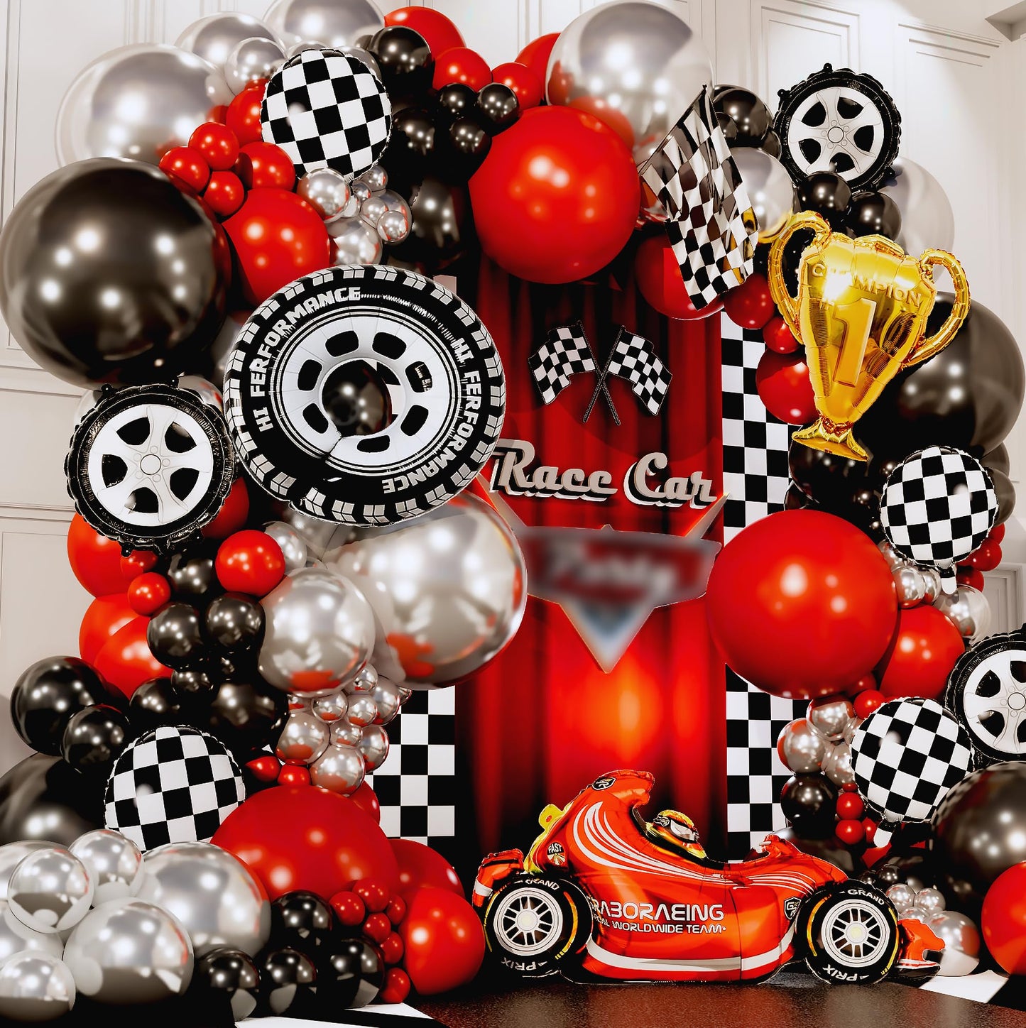 ALL-IN-1 Race Car Balloon Arch Kit with BONUS Trophy & RaceCar - Cars Balloon Garland Kit for Race Car Theme Birthday Party Supplies & Hot Wheels